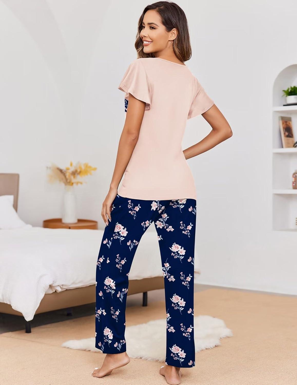 imageEkouaer Pajamas for Women Set 2 Piece Comfy Loungewear Lightweight Pjs Sleepwear Short Sleeve Top amp Long Pants with PocketsBlack Floralpink Floral