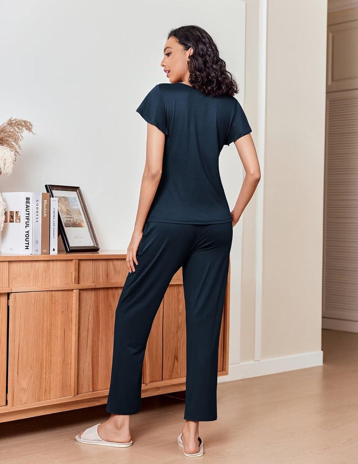 imageEkouaer Pajamas for Women Set 2 Piece Comfy Loungewear Lightweight Pjs Sleepwear Short Sleeve Top amp Long Pants with PocketsBlack Flowersnavy Blue