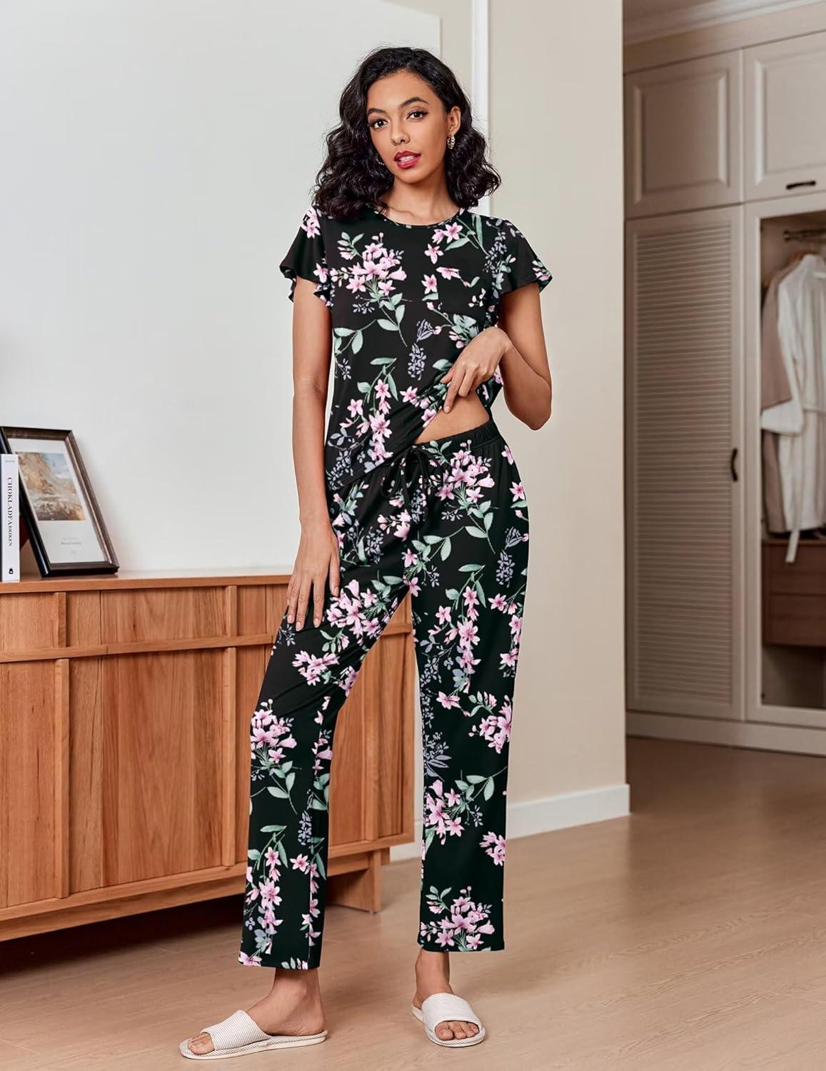 imageEkouaer Pajamas for Women Set 2 Piece Comfy Loungewear Lightweight Pjs Sleepwear Short Sleeve Top amp Long Pants with PocketsBlack Flowersnavy Blue