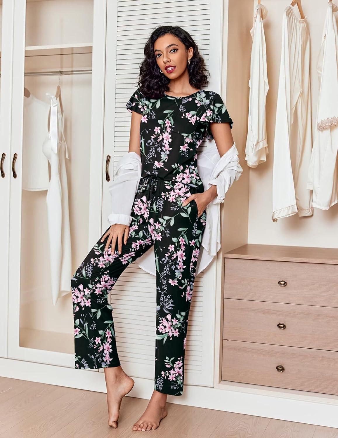 imageEkouaer Pajamas for Women Set 2 Piece Comfy Loungewear Lightweight Pjs Sleepwear Short Sleeve Top amp Long Pants with PocketsBlack Flowersnavy Blue