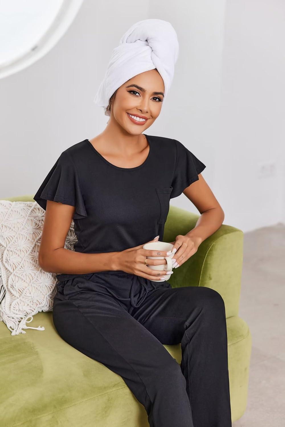 imageEkouaer Pajamas for Women Set 2 Piece Comfy Loungewear Lightweight Pjs Sleepwear Short Sleeve Top amp Long Pants with PocketsBlackleopard Print