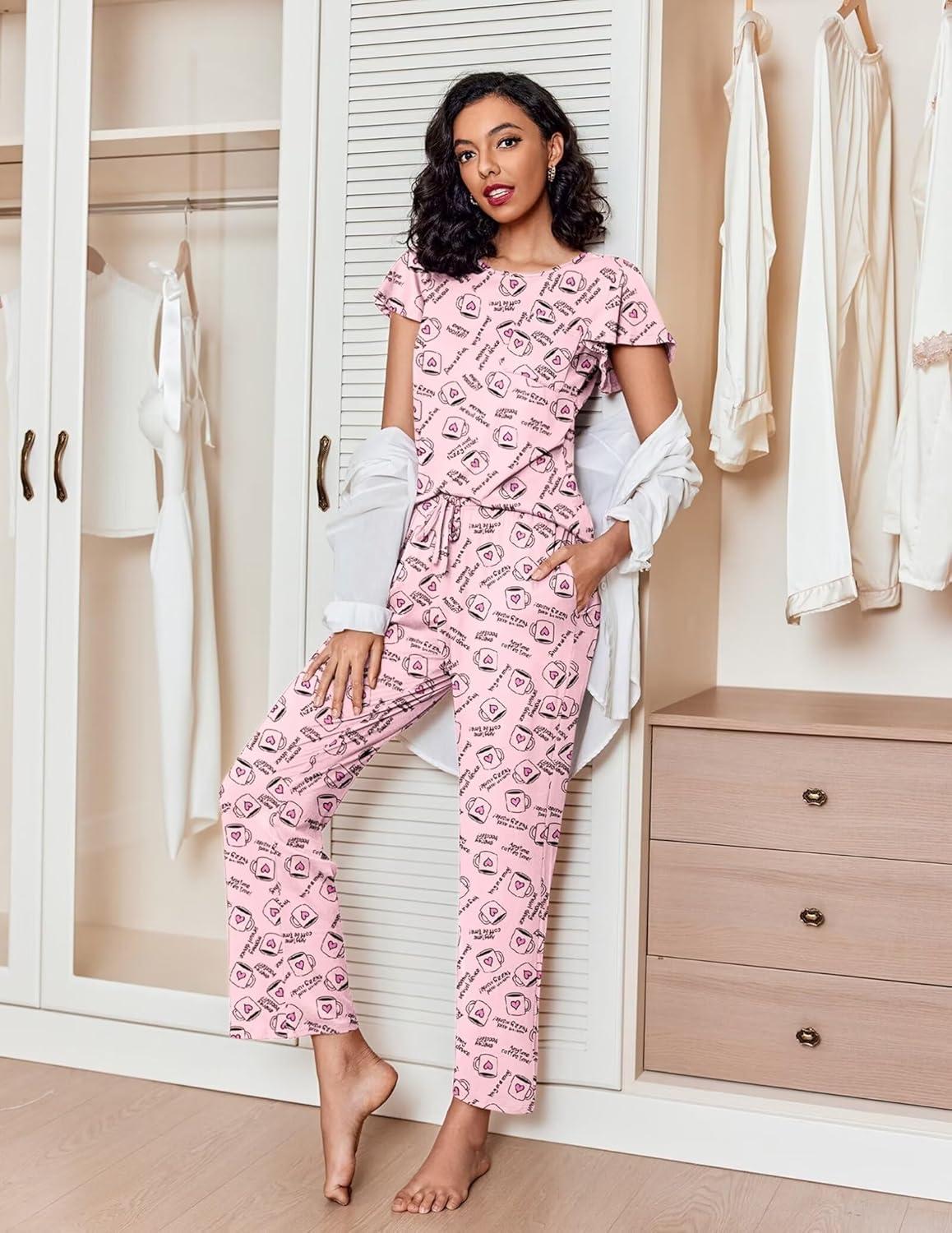 imageEkouaer Pajamas for Women Set 2 Piece Comfy Loungewear Lightweight Pjs Sleepwear Short Sleeve Top amp Long Pants with PocketsCupsloves