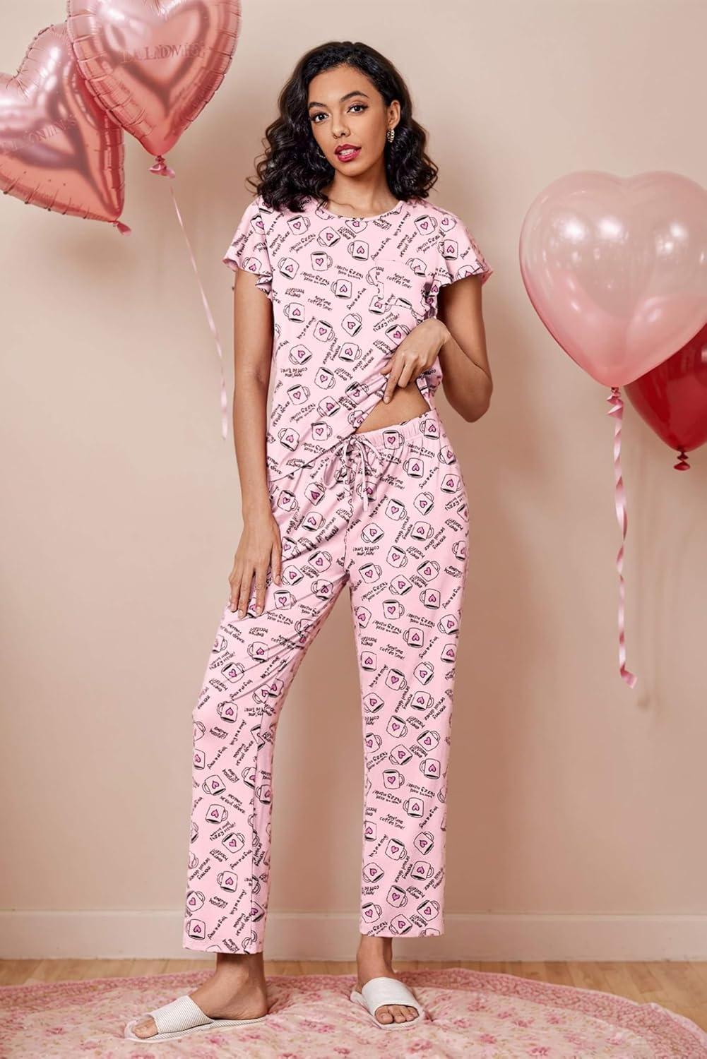 imageEkouaer Pajamas for Women Set 2 Piece Comfy Loungewear Lightweight Pjs Sleepwear Short Sleeve Top amp Long Pants with PocketsCupsloves