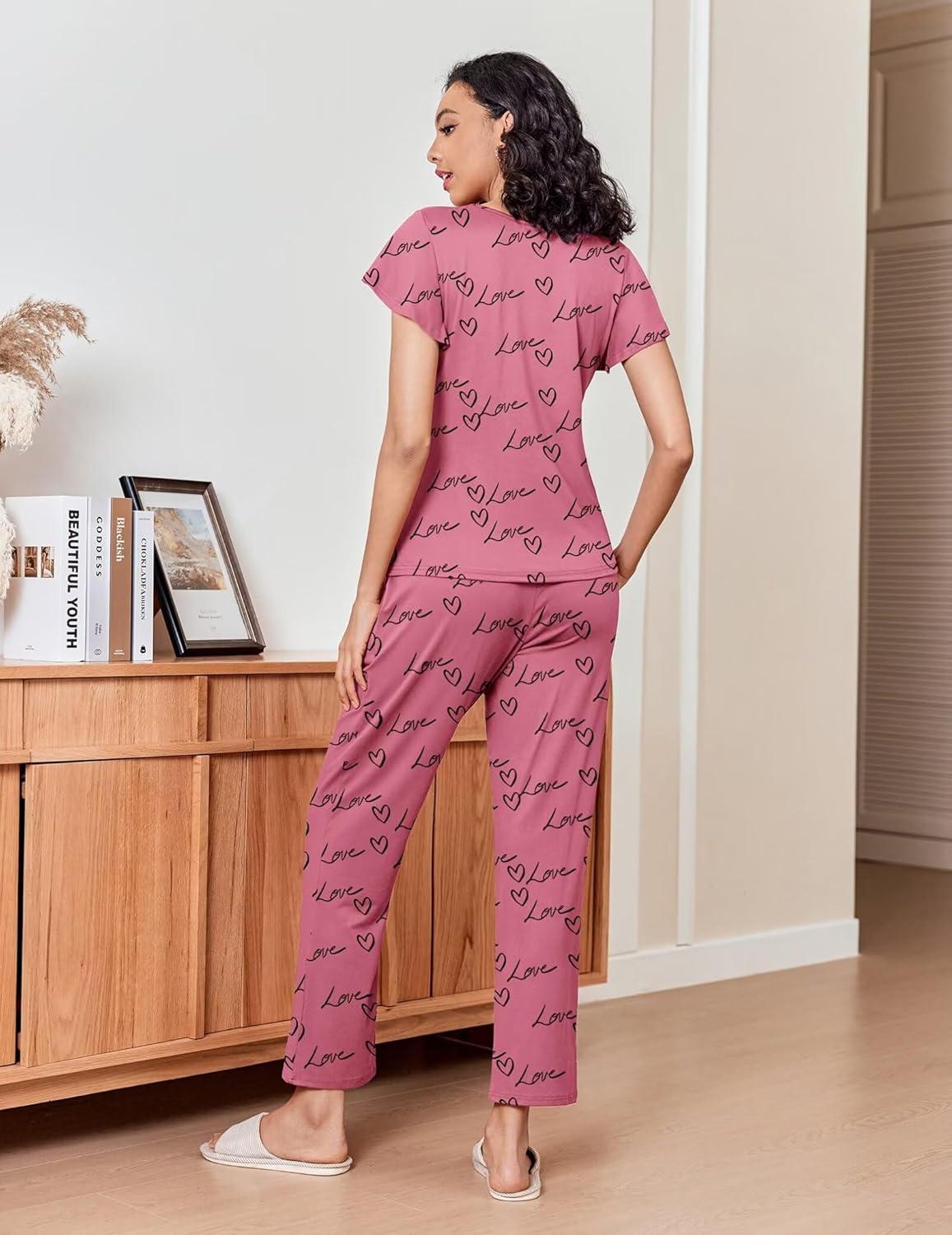 imageEkouaer Pajamas for Women Set 2 Piece Comfy Loungewear Lightweight Pjs Sleepwear Short Sleeve Top amp Long Pants with PocketsCupsloves