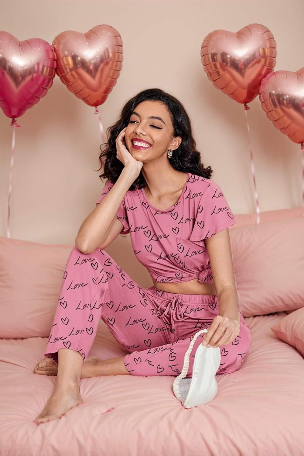 imageEkouaer Pajamas for Women Set 2 Piece Comfy Loungewear Lightweight Pjs Sleepwear Short Sleeve Top amp Long Pants with PocketsCupsloves