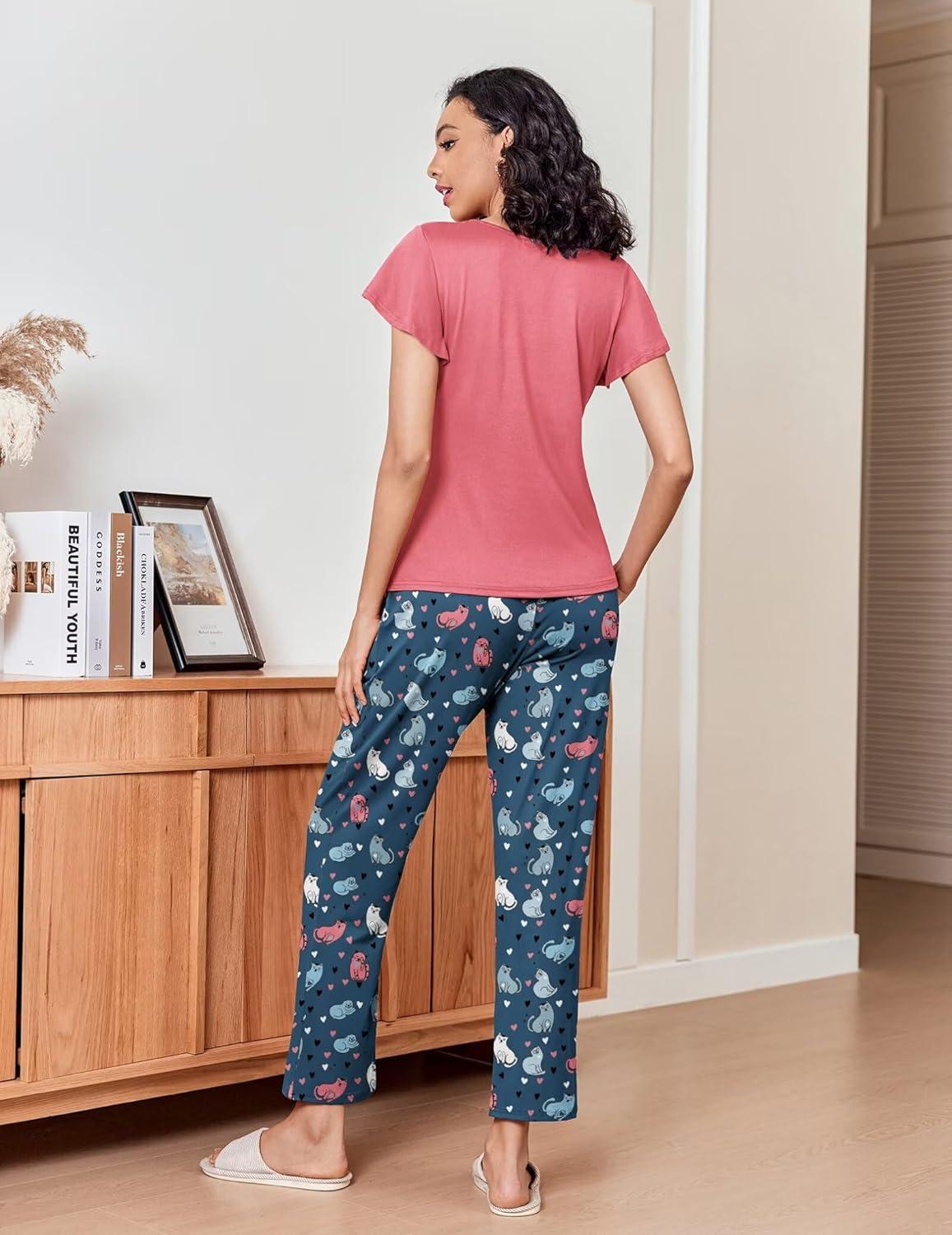 imageEkouaer Pajamas for Women Set 2 Piece Comfy Loungewear Lightweight Pjs Sleepwear Short Sleeve Top amp Long Pants with PocketsDogscats
