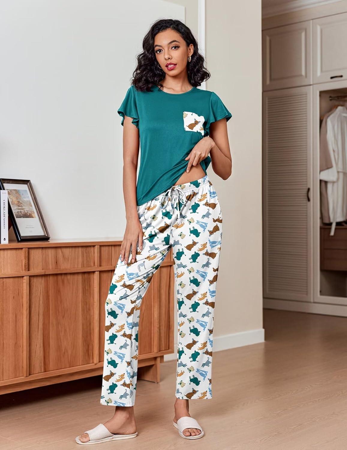 imageEkouaer Pajamas for Women Set 2 Piece Comfy Loungewear Lightweight Pjs Sleepwear Short Sleeve Top amp Long Pants with PocketsDogscats