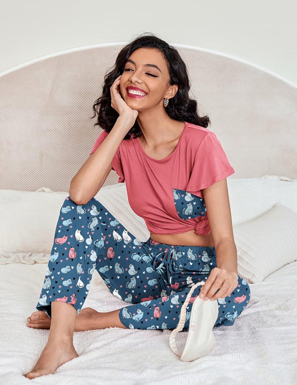 imageEkouaer Pajamas for Women Set 2 Piece Comfy Loungewear Lightweight Pjs Sleepwear Short Sleeve Top amp Long Pants with PocketsDogscats