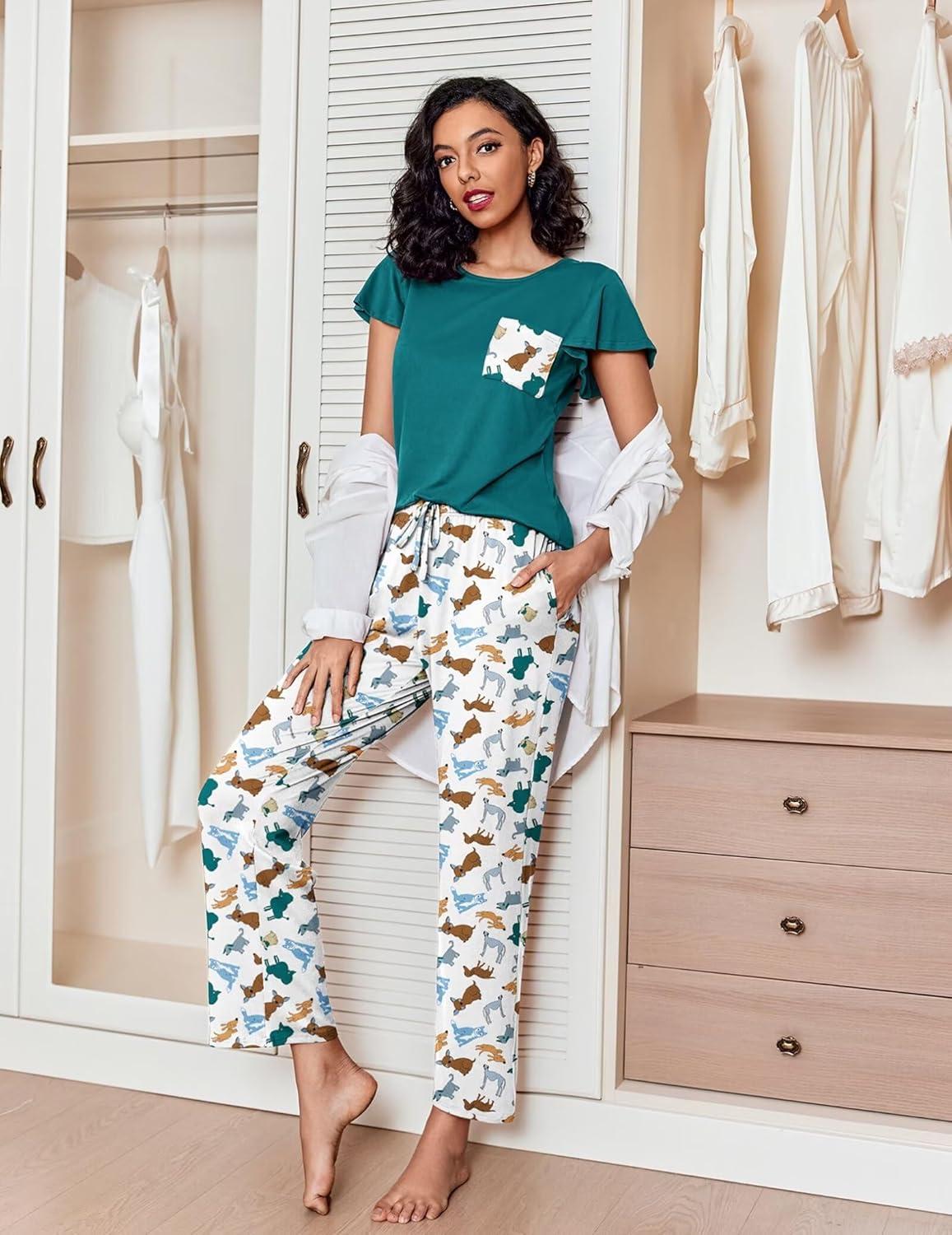 imageEkouaer Pajamas for Women Set 2 Piece Comfy Loungewear Lightweight Pjs Sleepwear Short Sleeve Top amp Long Pants with PocketsDogscats