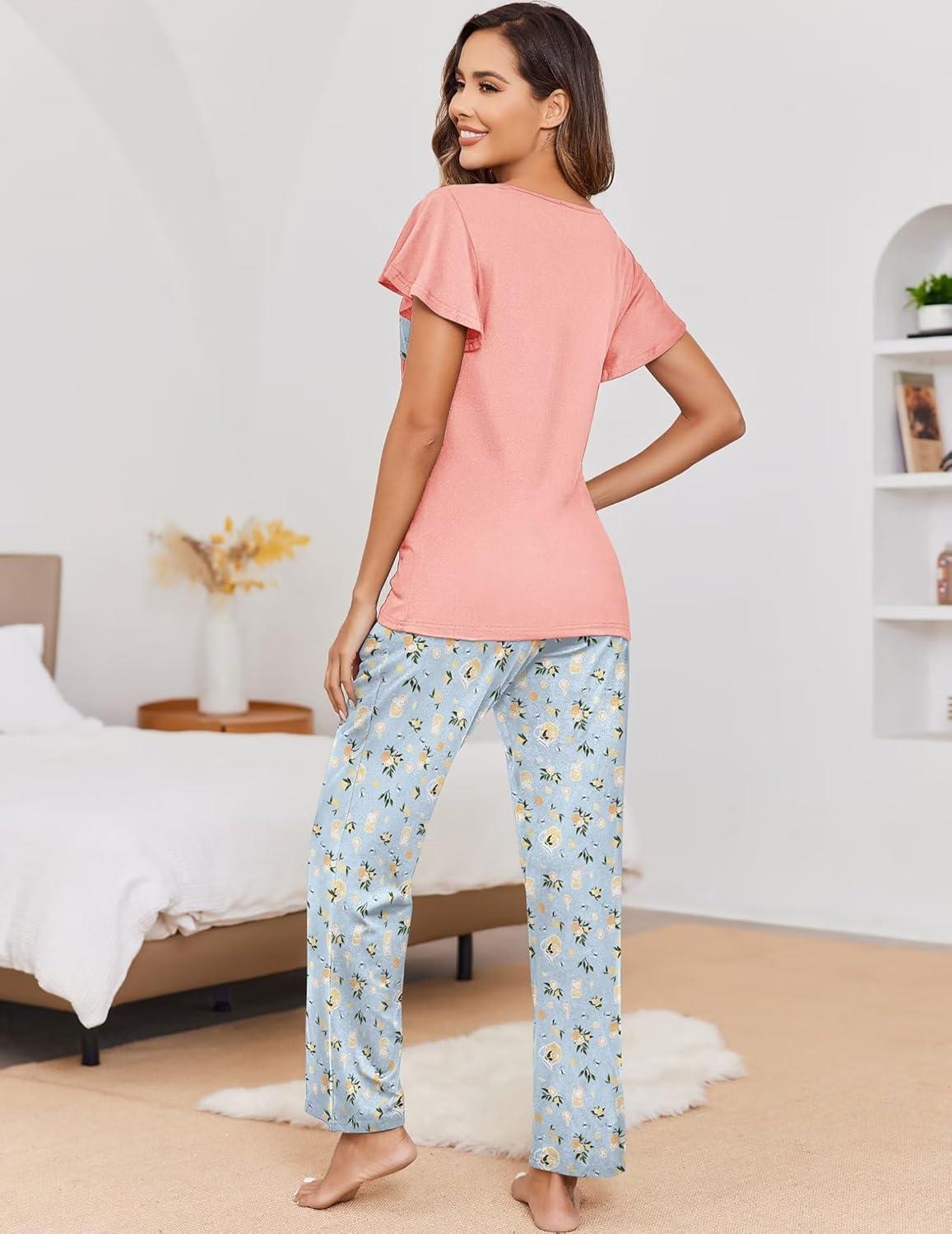 imageEkouaer Pajamas for Women Set 2 Piece Comfy Loungewear Lightweight Pjs Sleepwear Short Sleeve Top amp Long Pants with PocketsLight Blue Floralpink Fruit