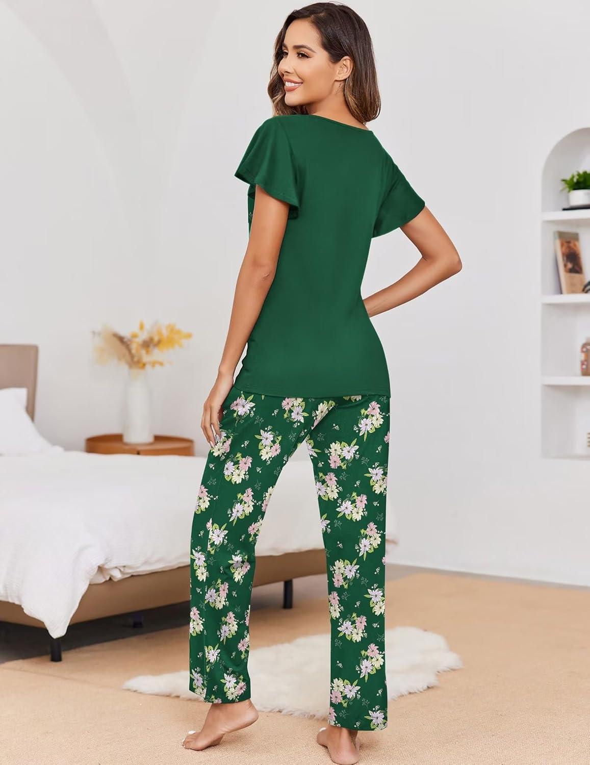 imageEkouaer Pajamas for Women Set 2 Piece Comfy Loungewear Lightweight Pjs Sleepwear Short Sleeve Top amp Long Pants with PocketsLotus Color Floralgreen Floral
