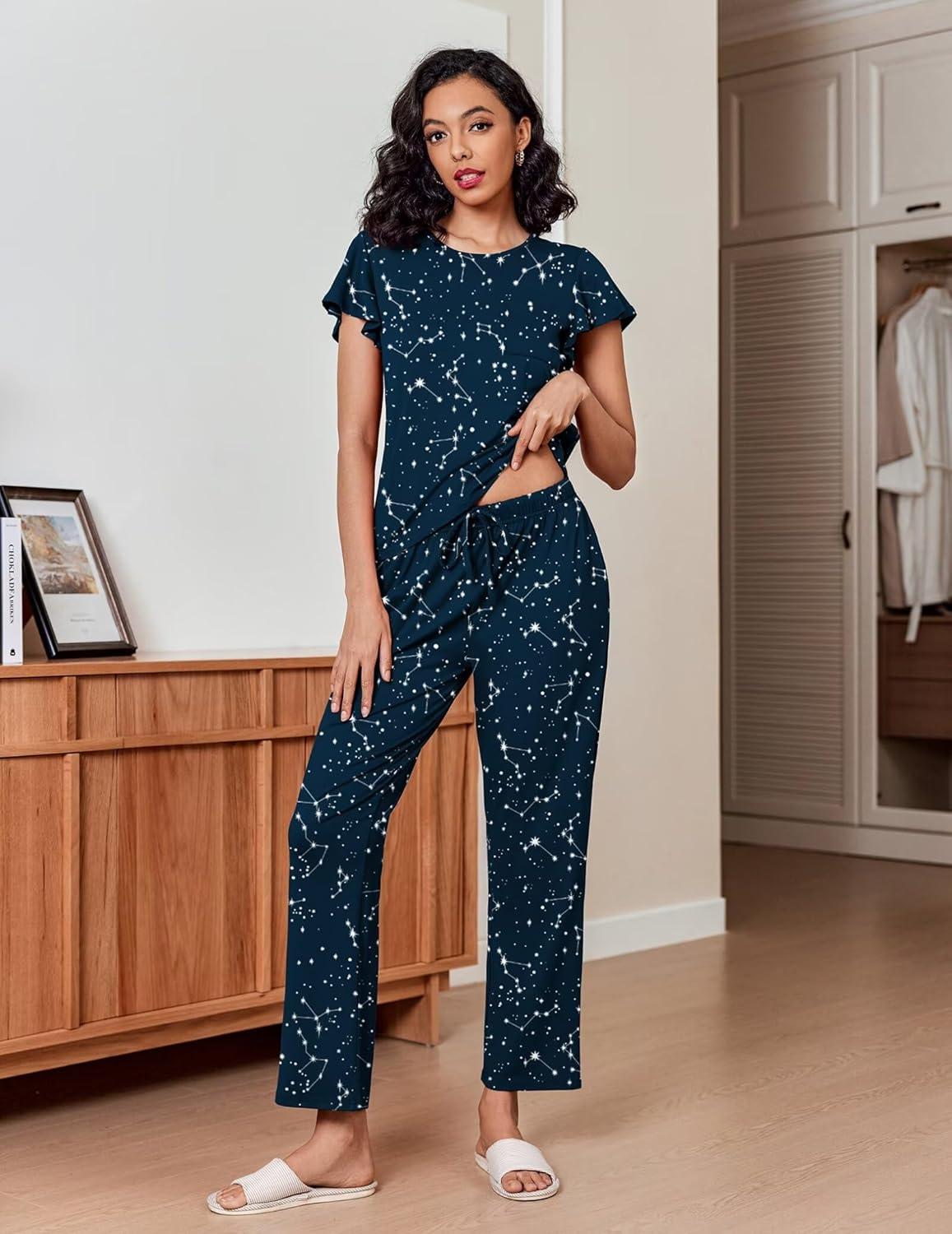 imageEkouaer Pajamas for Women Set 2 Piece Comfy Loungewear Lightweight Pjs Sleepwear Short Sleeve Top amp Long Pants with PocketsMoonstars