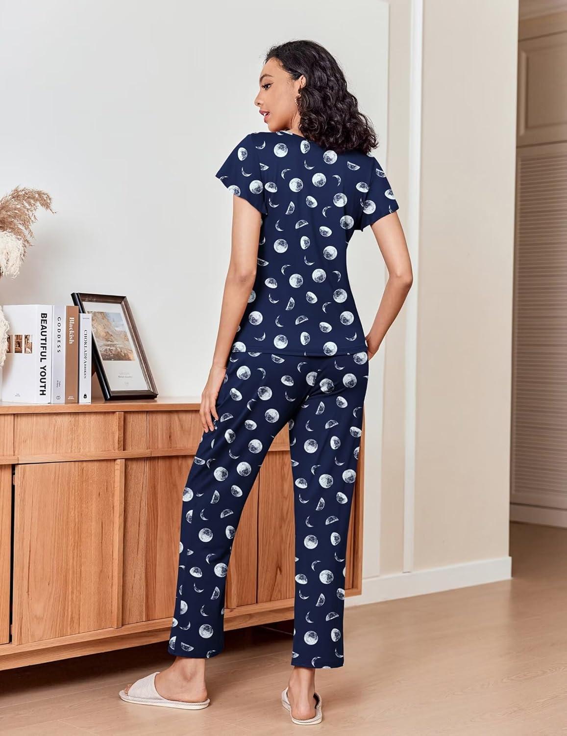 imageEkouaer Pajamas for Women Set 2 Piece Comfy Loungewear Lightweight Pjs Sleepwear Short Sleeve Top amp Long Pants with PocketsMoonstars