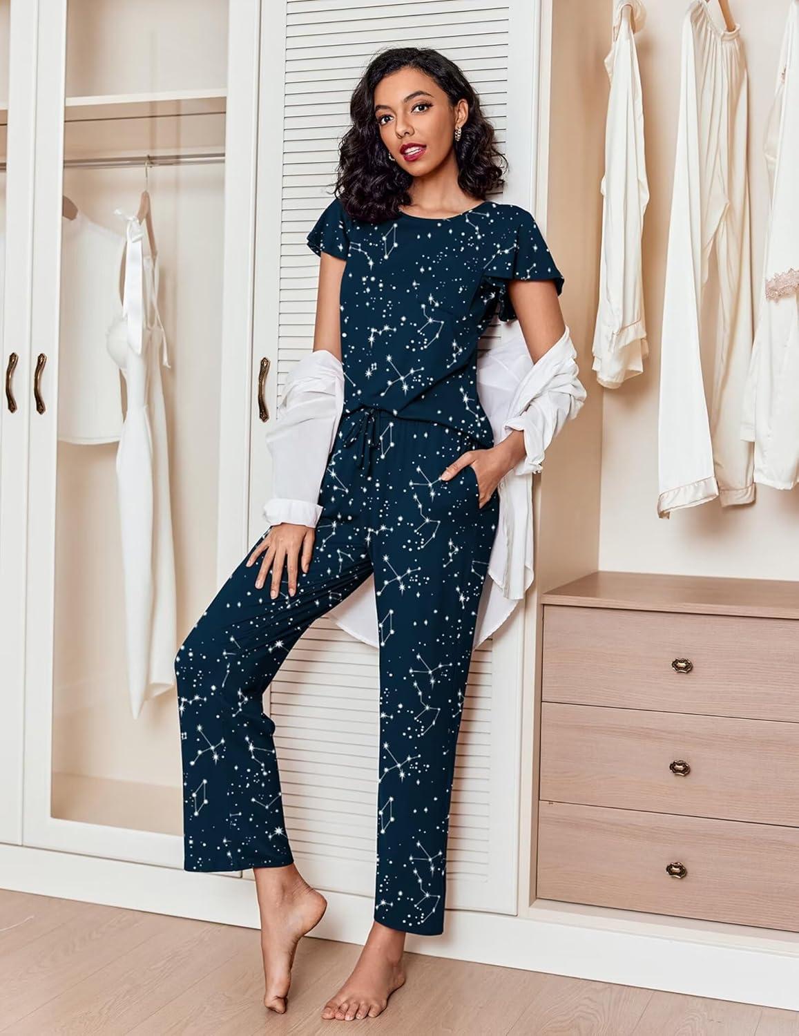 imageEkouaer Pajamas for Women Set 2 Piece Comfy Loungewear Lightweight Pjs Sleepwear Short Sleeve Top amp Long Pants with PocketsMoonstars