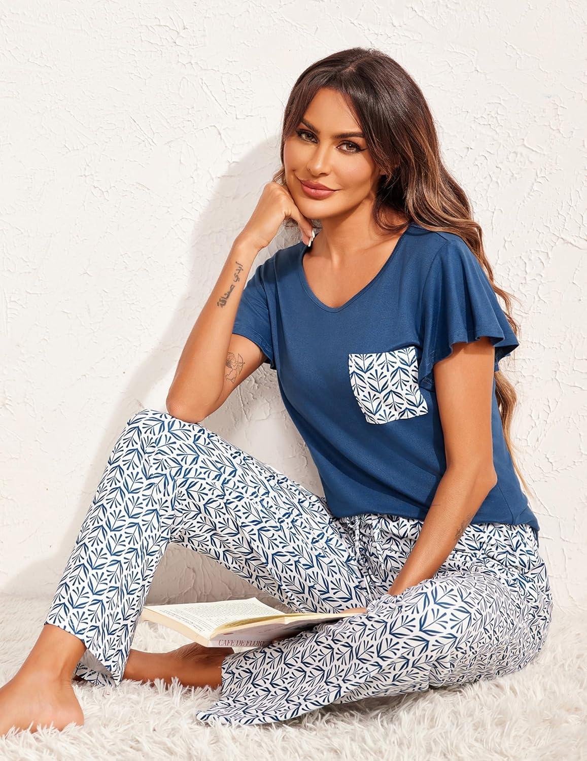 imageEkouaer Pajamas for Women Set 2 Piece Comfy Loungewear Lightweight Pjs Sleepwear Short Sleeve Top amp Long Pants with PocketsNavy Leafrose Red Floral