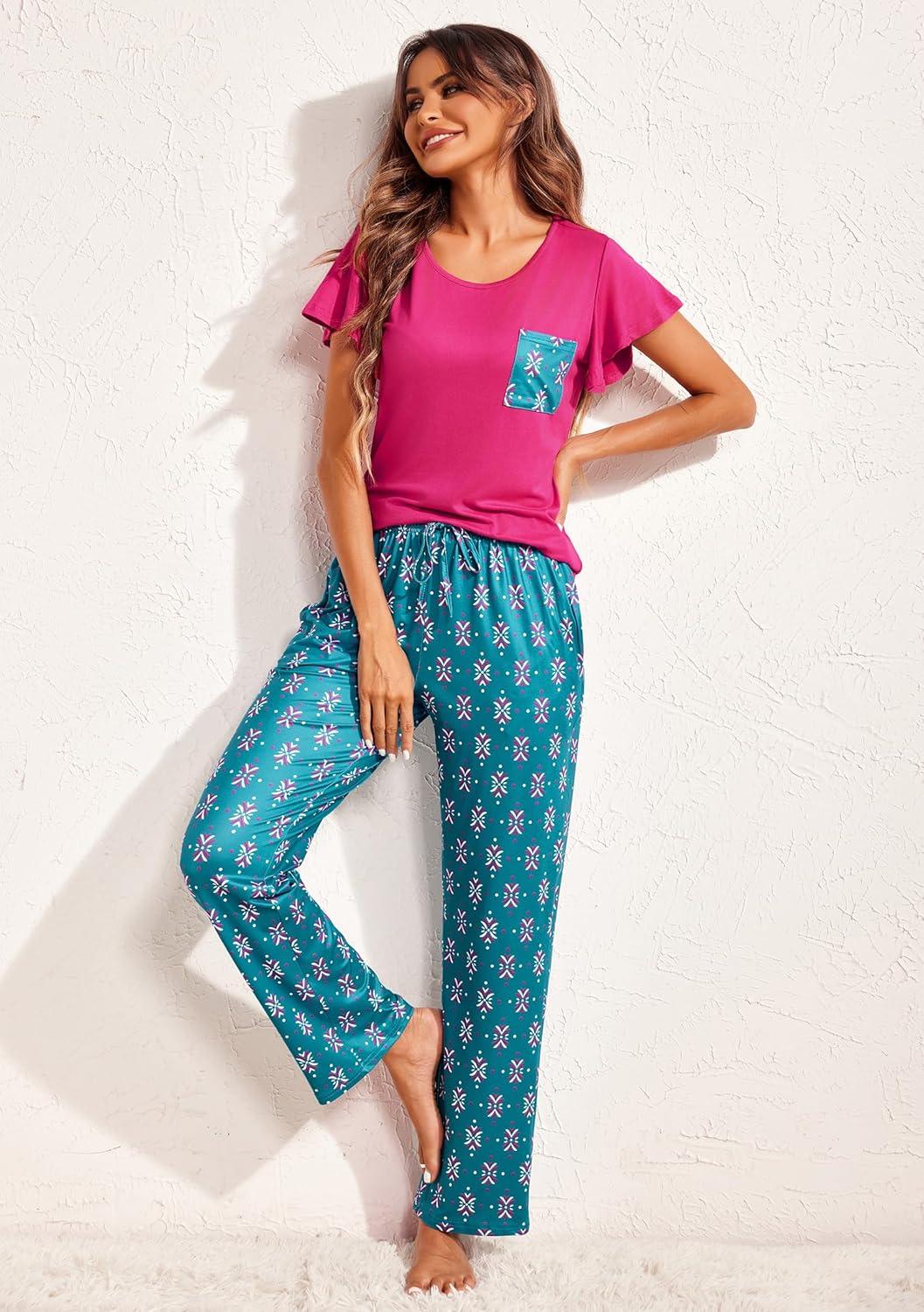 imageEkouaer Pajamas for Women Set 2 Piece Comfy Loungewear Lightweight Pjs Sleepwear Short Sleeve Top amp Long Pants with PocketsNavy Leafrose Red Floral