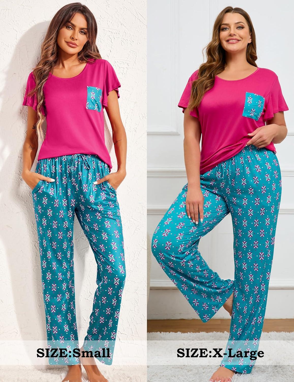 imageEkouaer Pajamas for Women Set 2 Piece Comfy Loungewear Lightweight Pjs Sleepwear Short Sleeve Top amp Long Pants with PocketsNavy Leafrose Red Floral