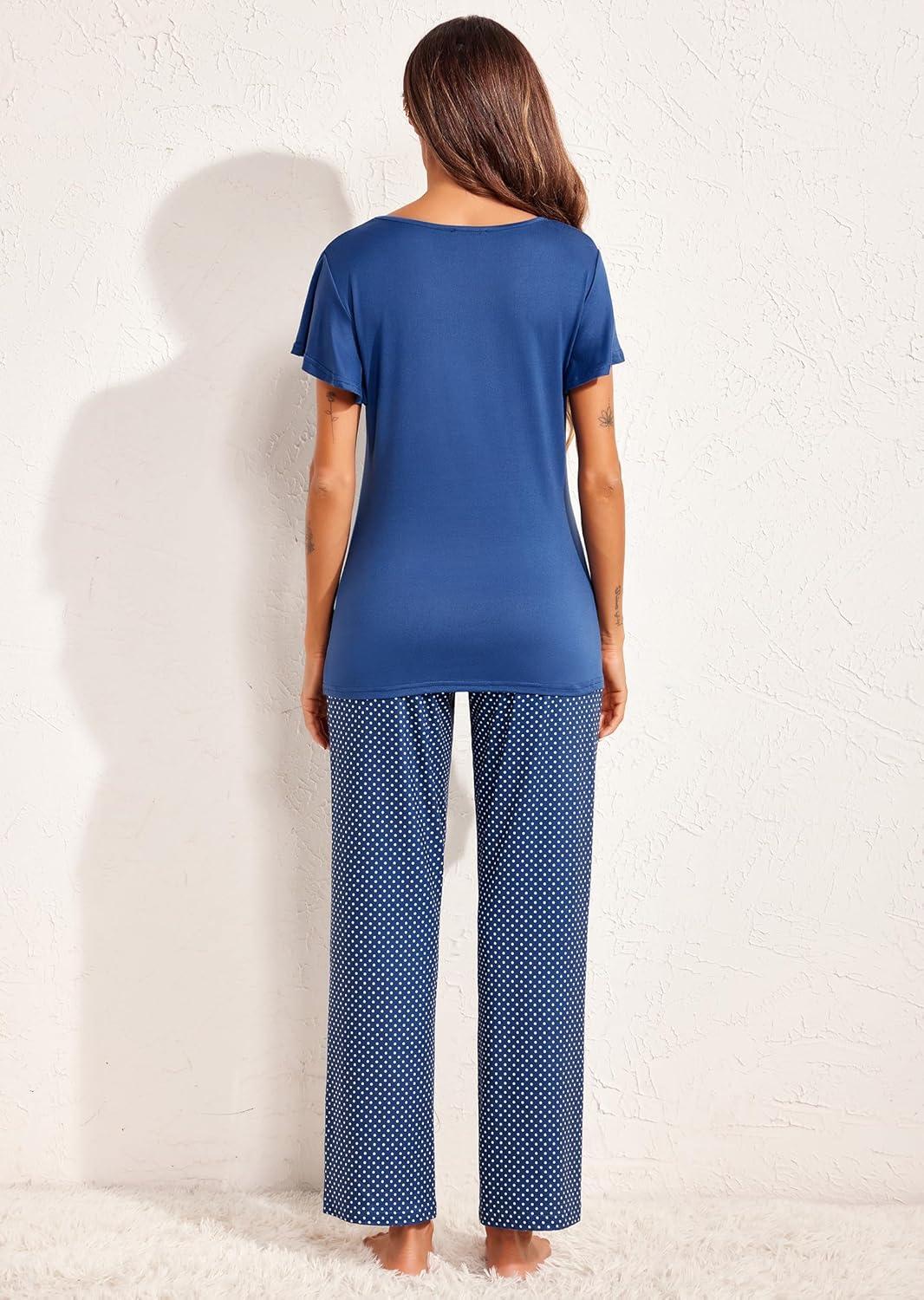 imageEkouaer Pajamas for Women Set 2 Piece Comfy Loungewear Lightweight Pjs Sleepwear Short Sleeve Top amp Long Pants with PocketsRed Stripesblue Polka Dots