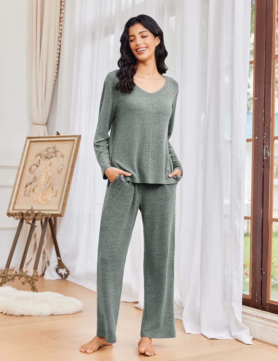 imageEkouaer Pajamas for Women Set Long Sleeve 2 Piece Lounge Sets V Neck Matching Pjs Soft Sleepwear Fall Winter SXXLArmy Green