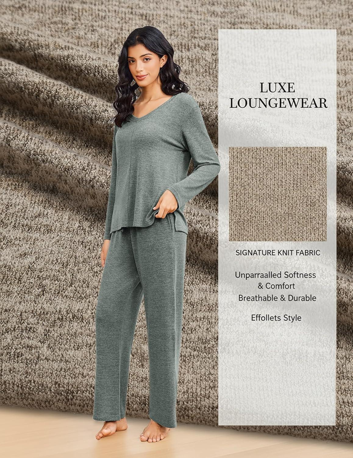imageEkouaer Pajamas for Women Set Long Sleeve 2 Piece Lounge Sets V Neck Matching Pjs Soft Sleepwear Fall Winter SXXLArmy Green