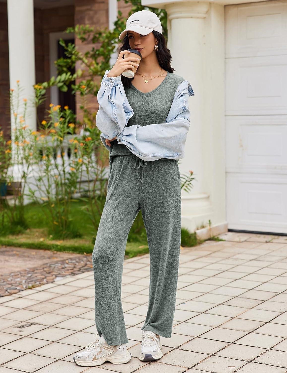 imageEkouaer Pajamas for Women Set Long Sleeve 2 Piece Lounge Sets V Neck Matching Pjs Soft Sleepwear Fall Winter SXXLArmy Green
