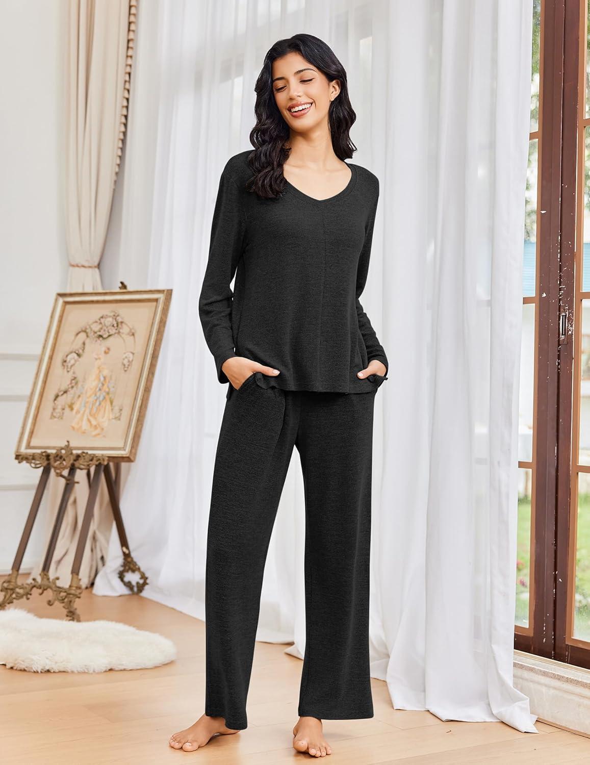 imageEkouaer Pajamas for Women Set Long Sleeve 2 Piece Lounge Sets V Neck Matching Pjs Soft Sleepwear Fall Winter SXXLBlack