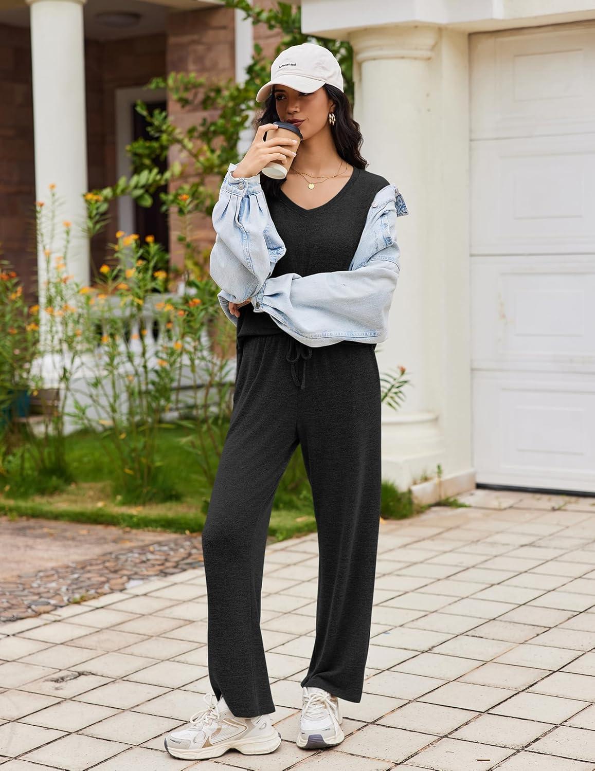 imageEkouaer Pajamas for Women Set Long Sleeve 2 Piece Lounge Sets V Neck Matching Pjs Soft Sleepwear Fall Winter SXXLBlack