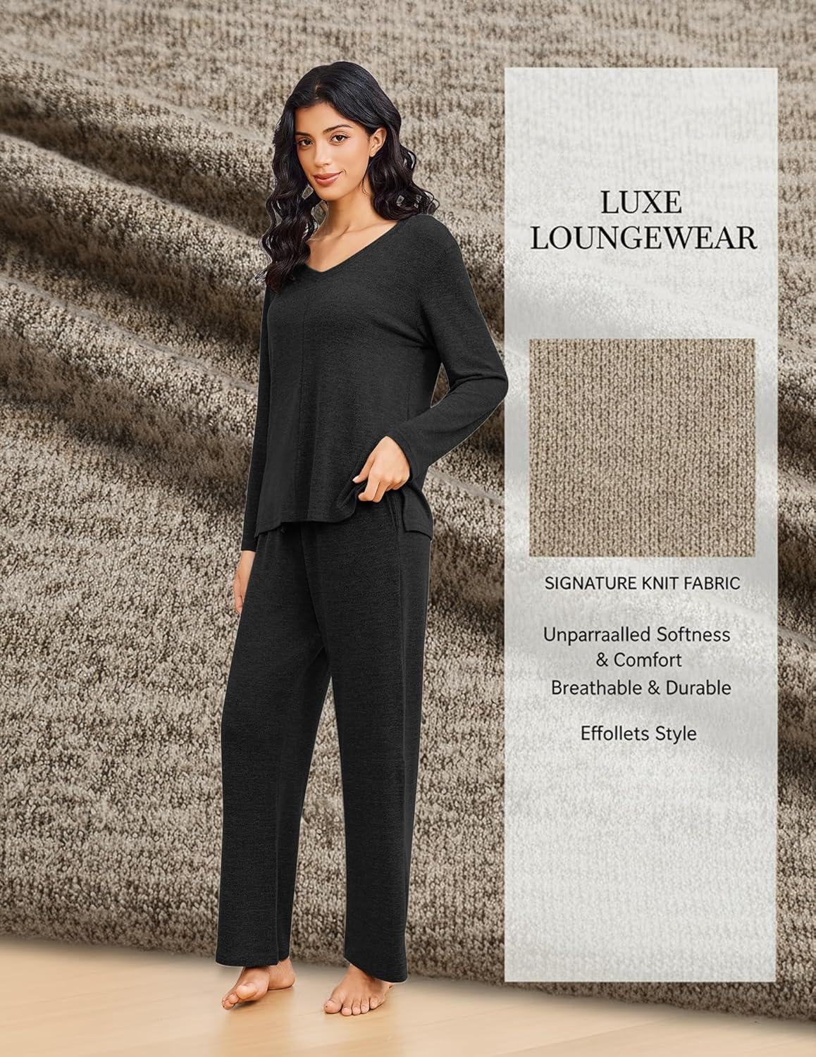 imageEkouaer Pajamas for Women Set Long Sleeve 2 Piece Lounge Sets V Neck Matching Pjs Soft Sleepwear Fall Winter SXXLBlack