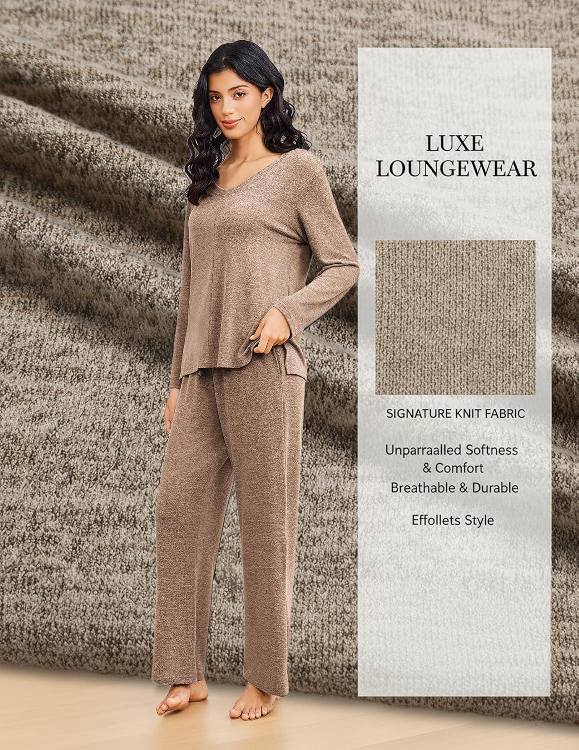 imageEkouaer Pajamas for Women Set Long Sleeve 2 Piece Lounge Sets V Neck Matching Pjs Soft Sleepwear Fall Winter SXXLBrown