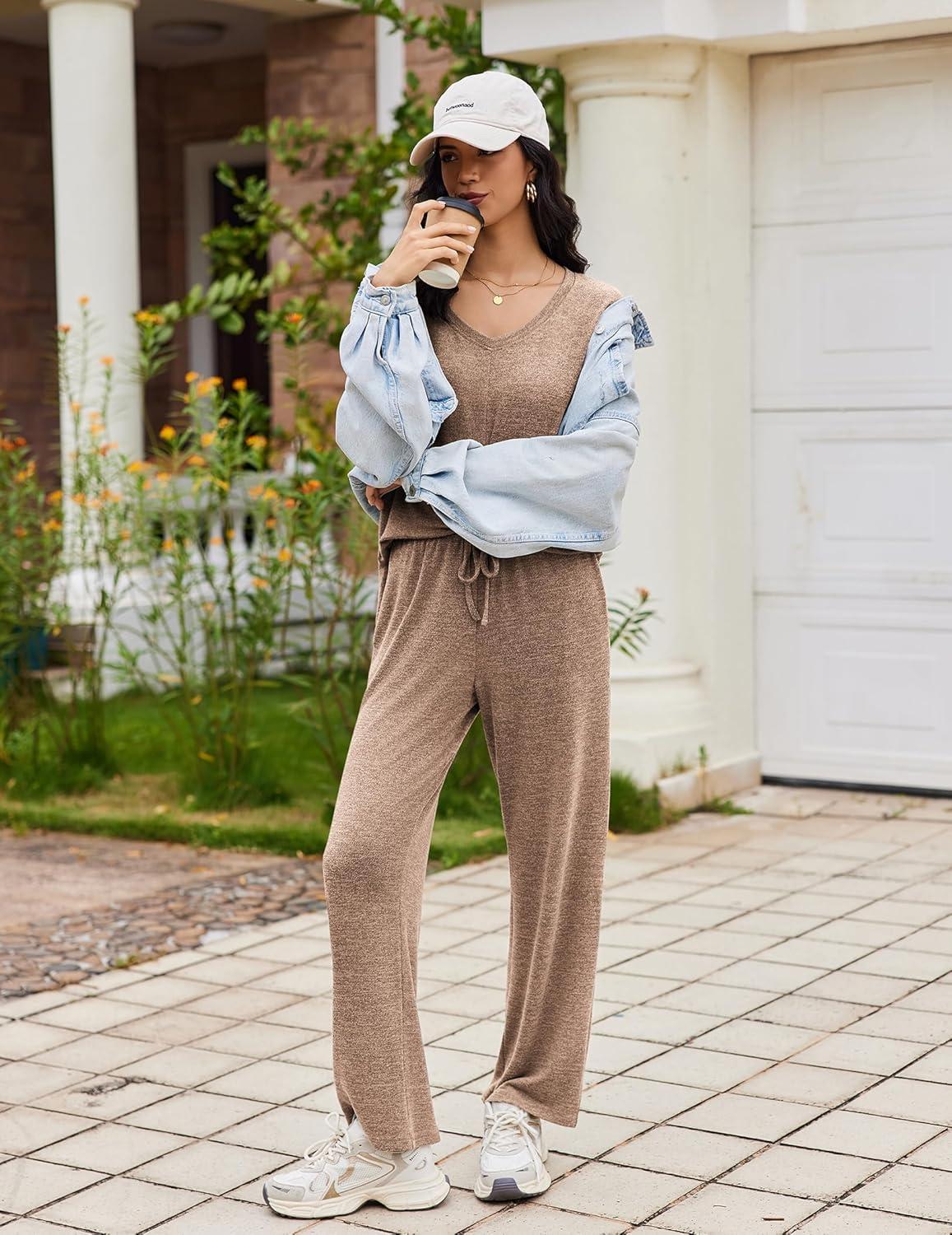 imageEkouaer Pajamas for Women Set Long Sleeve 2 Piece Lounge Sets V Neck Matching Pjs Soft Sleepwear Fall Winter SXXLBrown