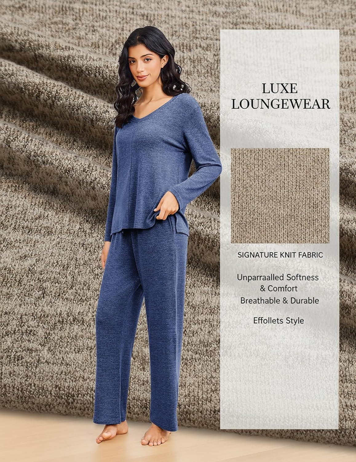 imageEkouaer Pajamas for Women Set Long Sleeve 2 Piece Lounge Sets V Neck Matching Pjs Soft Sleepwear Fall Winter SXXLDark Navy