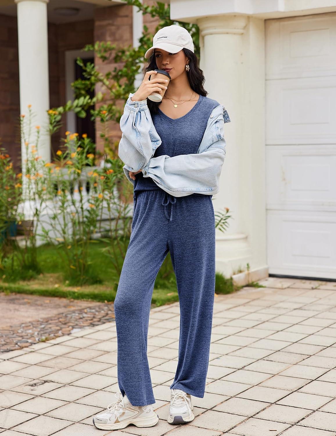 imageEkouaer Pajamas for Women Set Long Sleeve 2 Piece Lounge Sets V Neck Matching Pjs Soft Sleepwear Fall Winter SXXLDark Navy