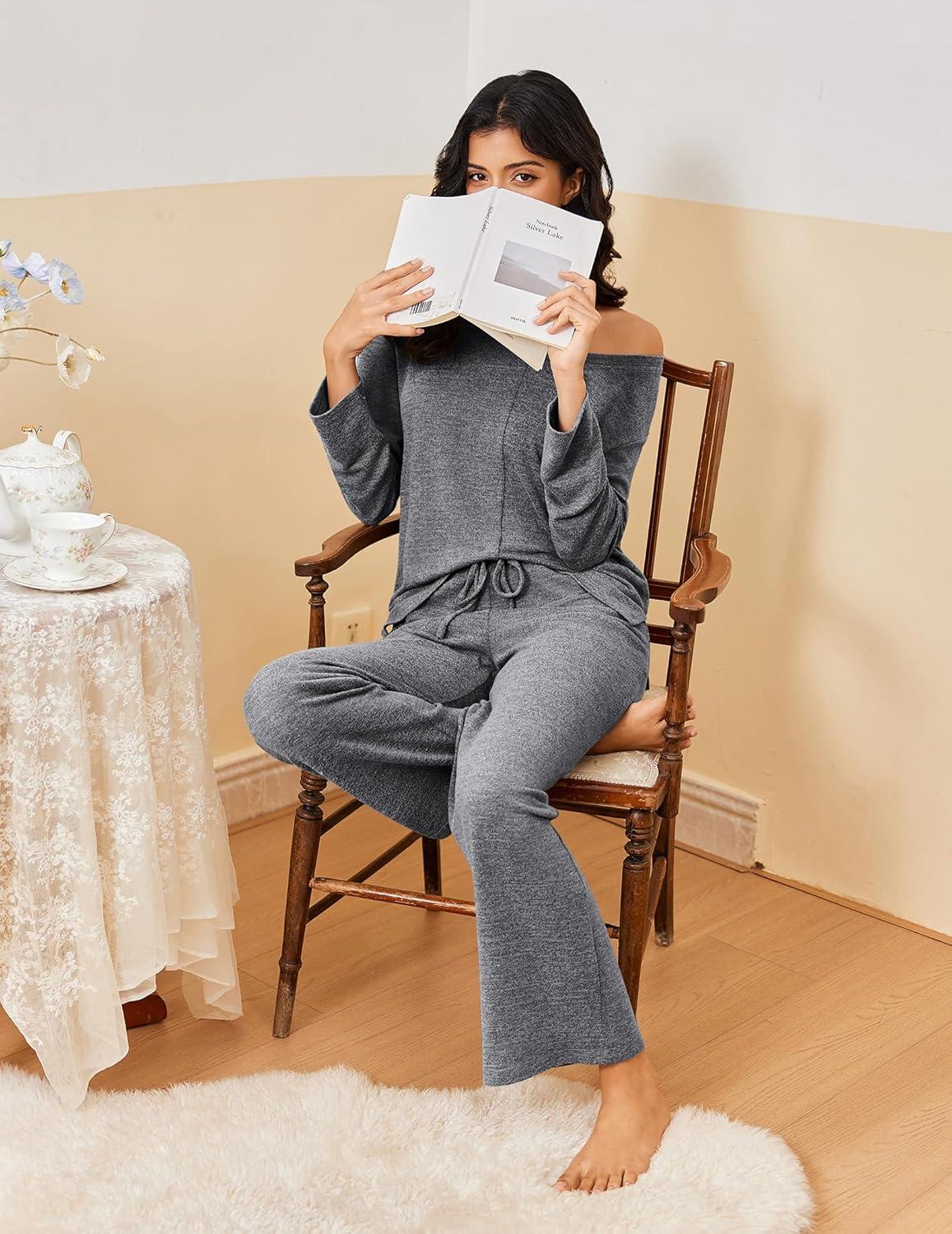 imageEkouaer Pajamas for Women Set Long Sleeve 2 Piece Lounge Sets V Neck Matching Pjs Soft Sleepwear Fall Winter SXXLGrey