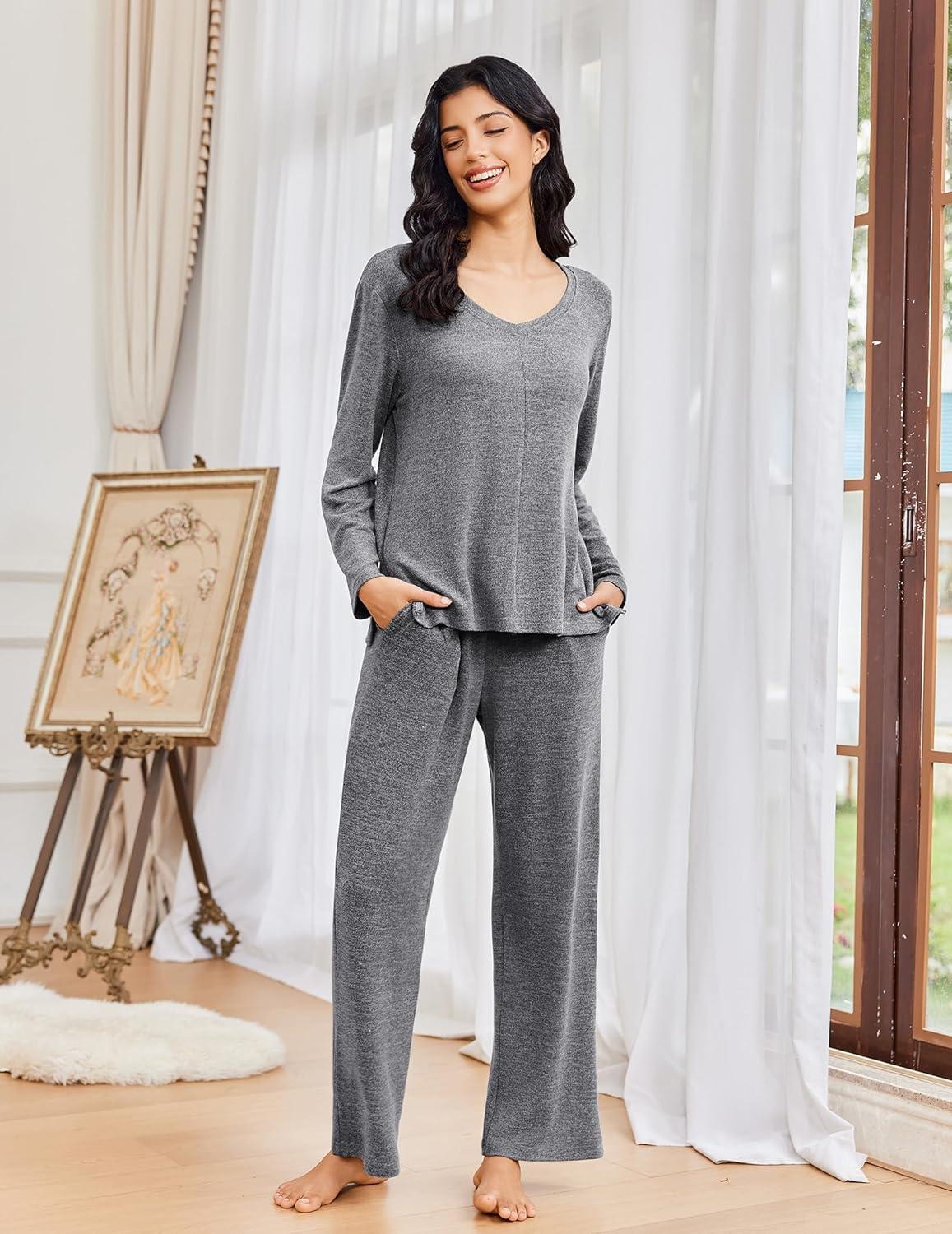 imageEkouaer Pajamas for Women Set Long Sleeve 2 Piece Lounge Sets V Neck Matching Pjs Soft Sleepwear Fall Winter SXXLGrey