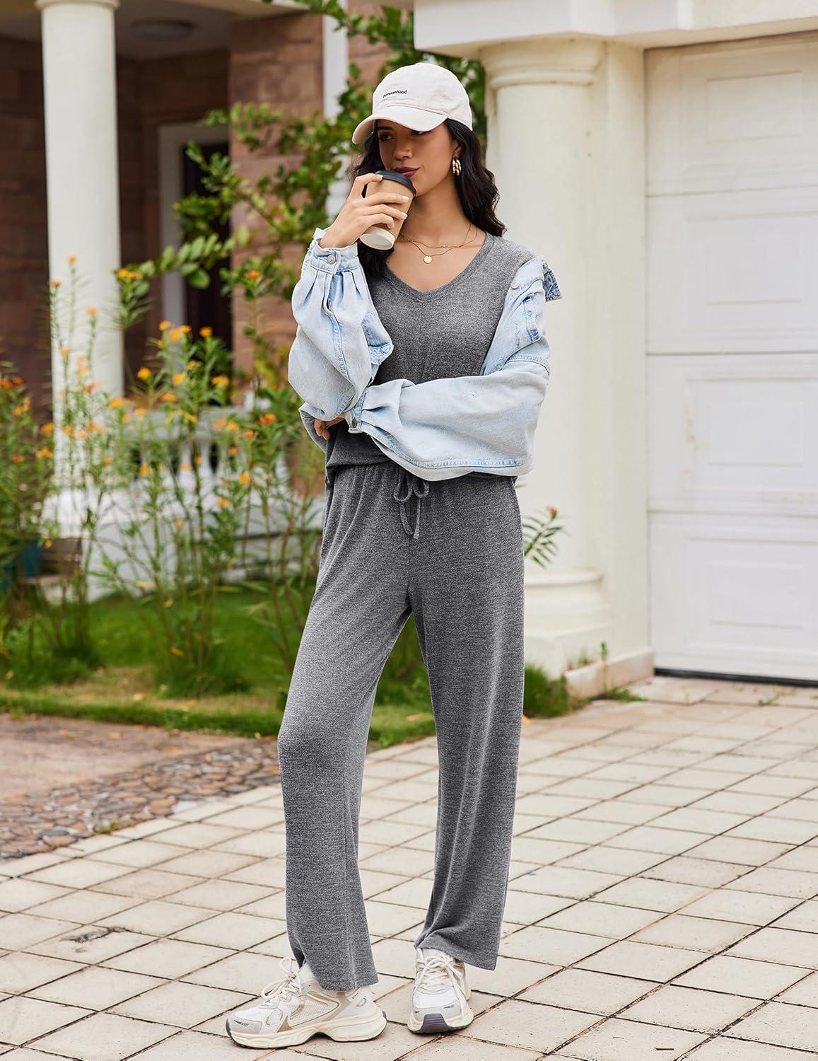 imageEkouaer Pajamas for Women Set Long Sleeve 2 Piece Lounge Sets V Neck Matching Pjs Soft Sleepwear Fall Winter SXXLGrey