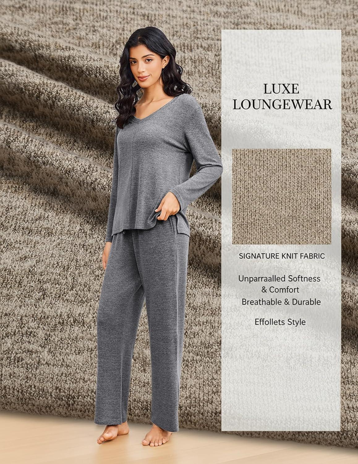 imageEkouaer Pajamas for Women Set Long Sleeve 2 Piece Lounge Sets V Neck Matching Pjs Soft Sleepwear Fall Winter SXXLGrey