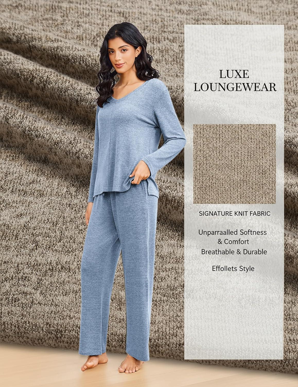 imageEkouaer Pajamas for Women Set Long Sleeve 2 Piece Lounge Sets V Neck Matching Pjs Soft Sleepwear Fall Winter SXXLLight Blue