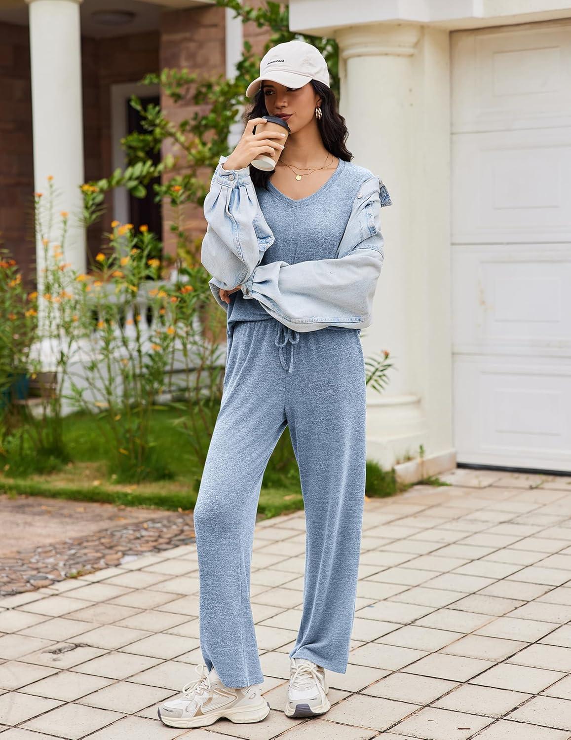 imageEkouaer Pajamas for Women Set Long Sleeve 2 Piece Lounge Sets V Neck Matching Pjs Soft Sleepwear Fall Winter SXXLLight Blue