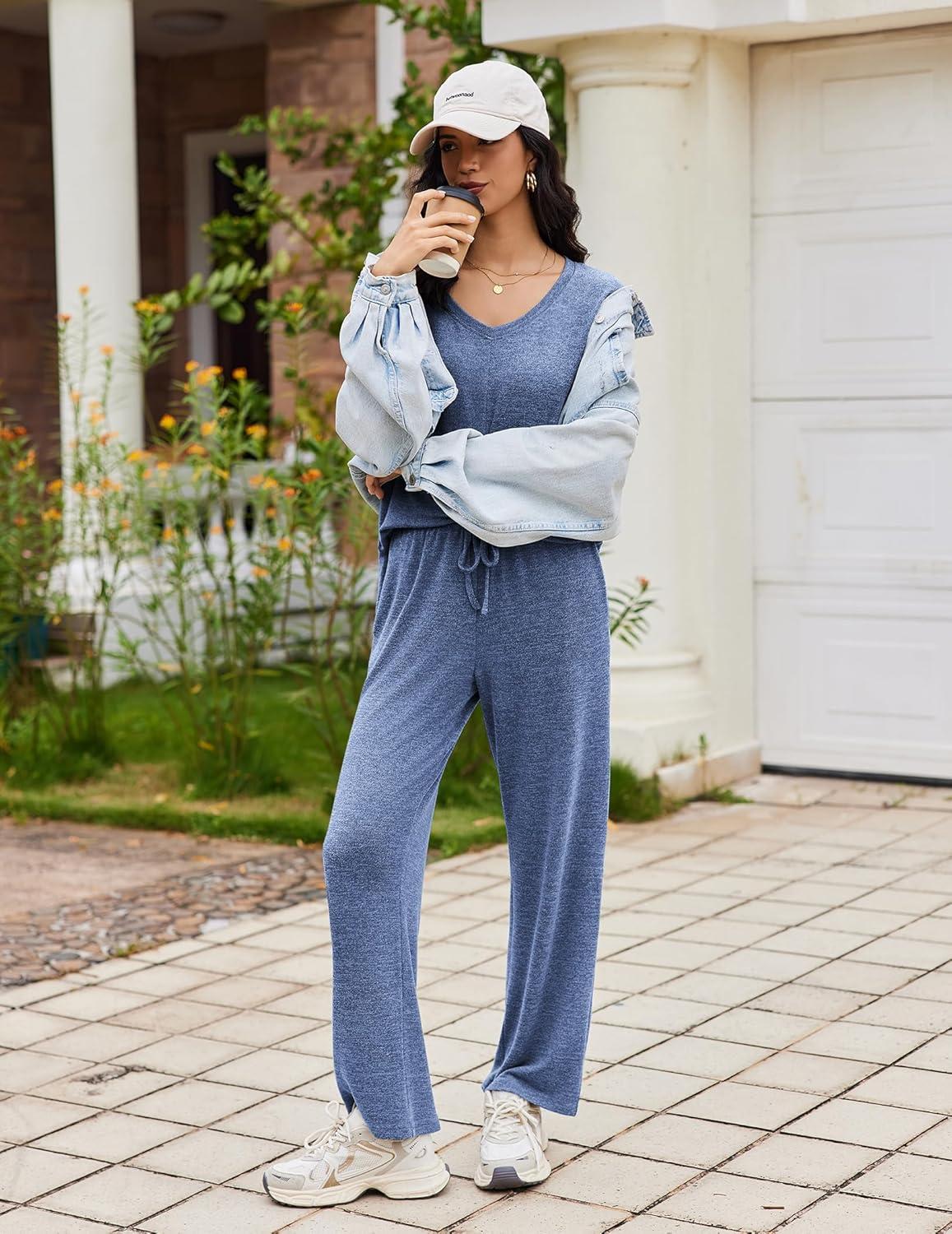 imageEkouaer Pajamas for Women Set Long Sleeve 2 Piece Lounge Sets V Neck Matching Pjs Soft Sleepwear Fall Winter SXXLNavy Blue
