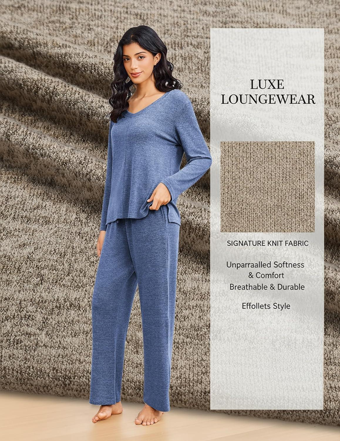 imageEkouaer Pajamas for Women Set Long Sleeve 2 Piece Lounge Sets V Neck Matching Pjs Soft Sleepwear Fall Winter SXXLNavy Blue