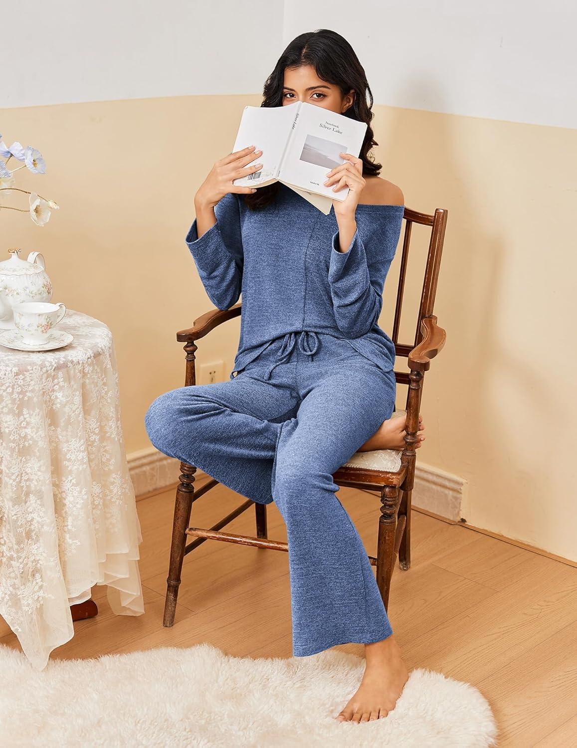 imageEkouaer Pajamas for Women Set Long Sleeve 2 Piece Lounge Sets V Neck Matching Pjs Soft Sleepwear Fall Winter SXXLNavy Blue