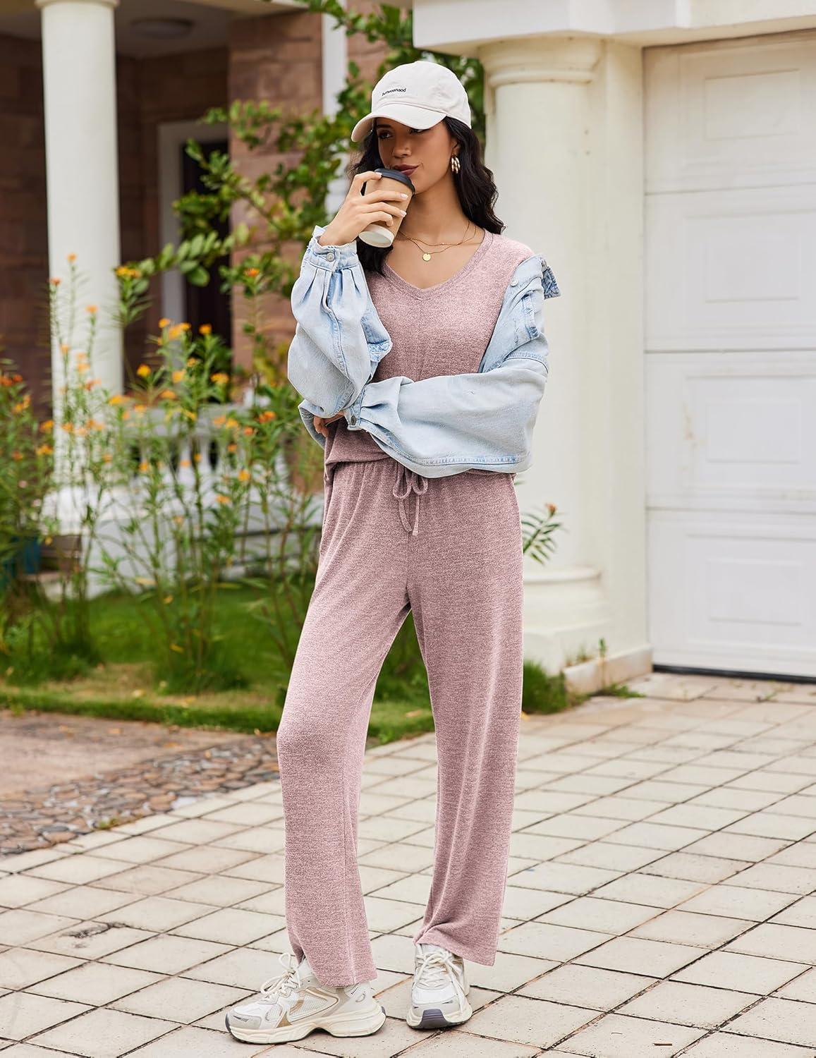 imageEkouaer Pajamas for Women Set Long Sleeve 2 Piece Lounge Sets V Neck Matching Pjs Soft Sleepwear Fall Winter SXXLPink