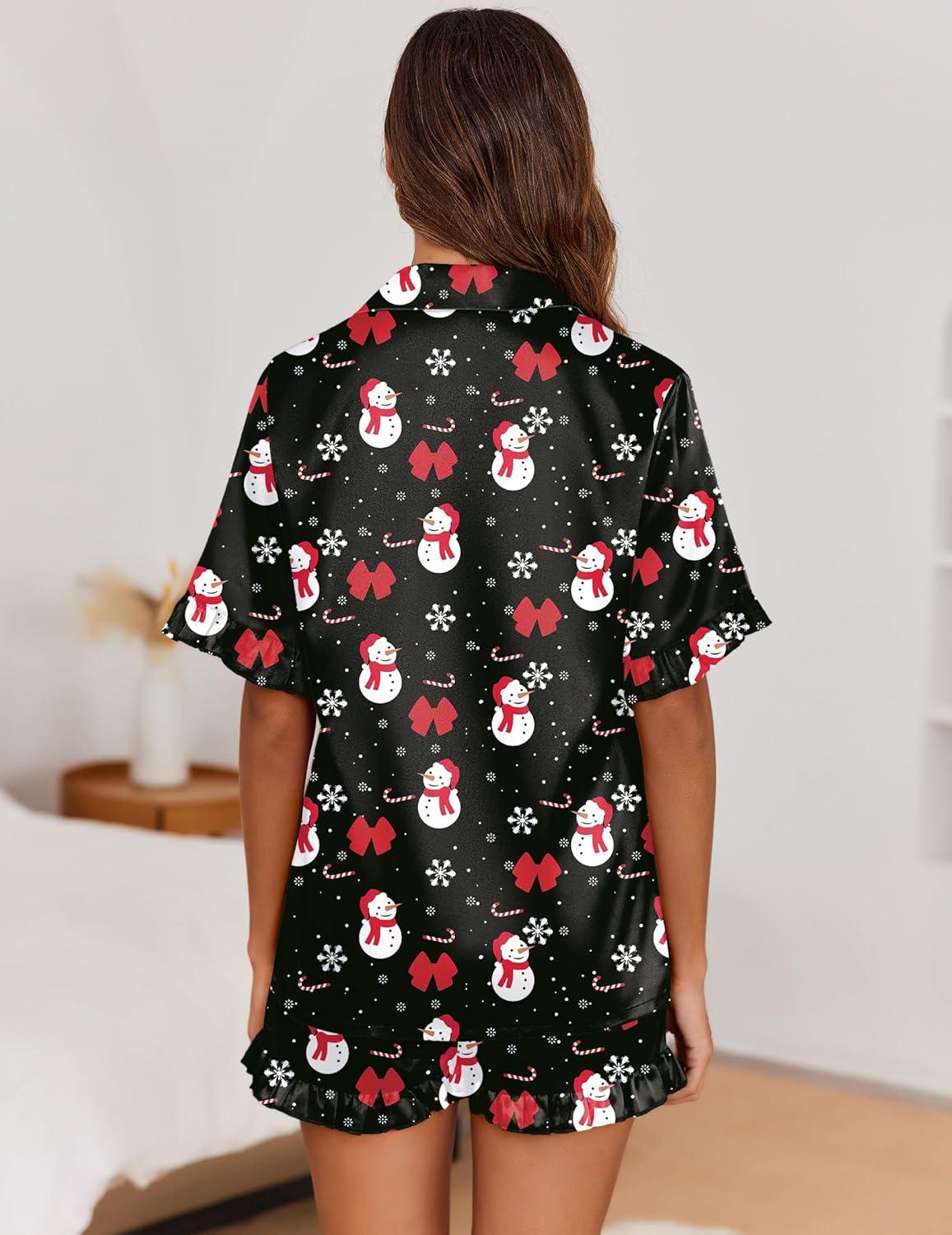 imageEkouaer Satin Pajama Set for Women Button Down Silk 2 Piece Pj Sets Ruffle Short Sleeve SleepwearBlack Christmas Snowman