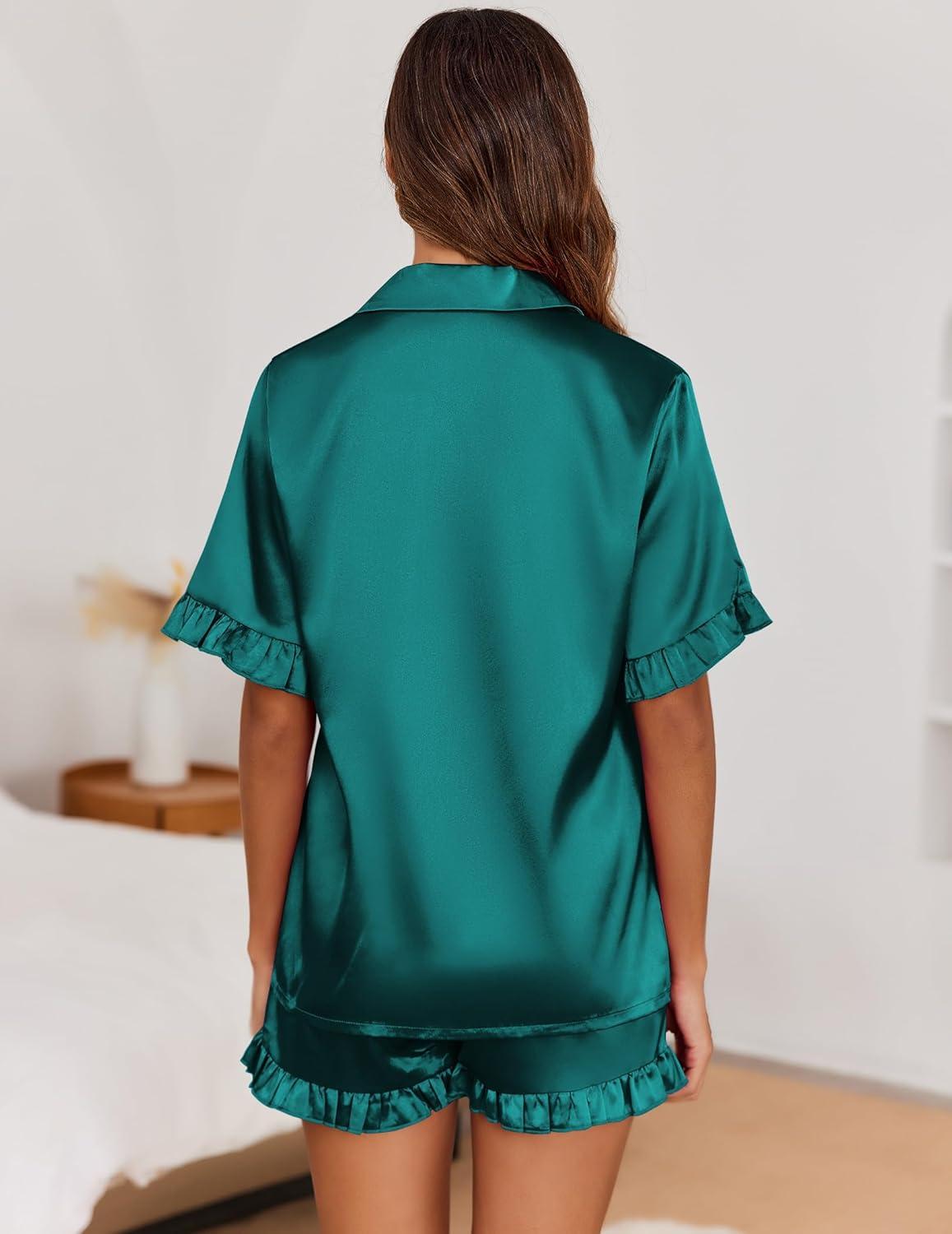 imageEkouaer Satin Pajama Set for Women Button Down Silk 2 Piece Pj Sets Ruffle Short Sleeve SleepwearBlue Green