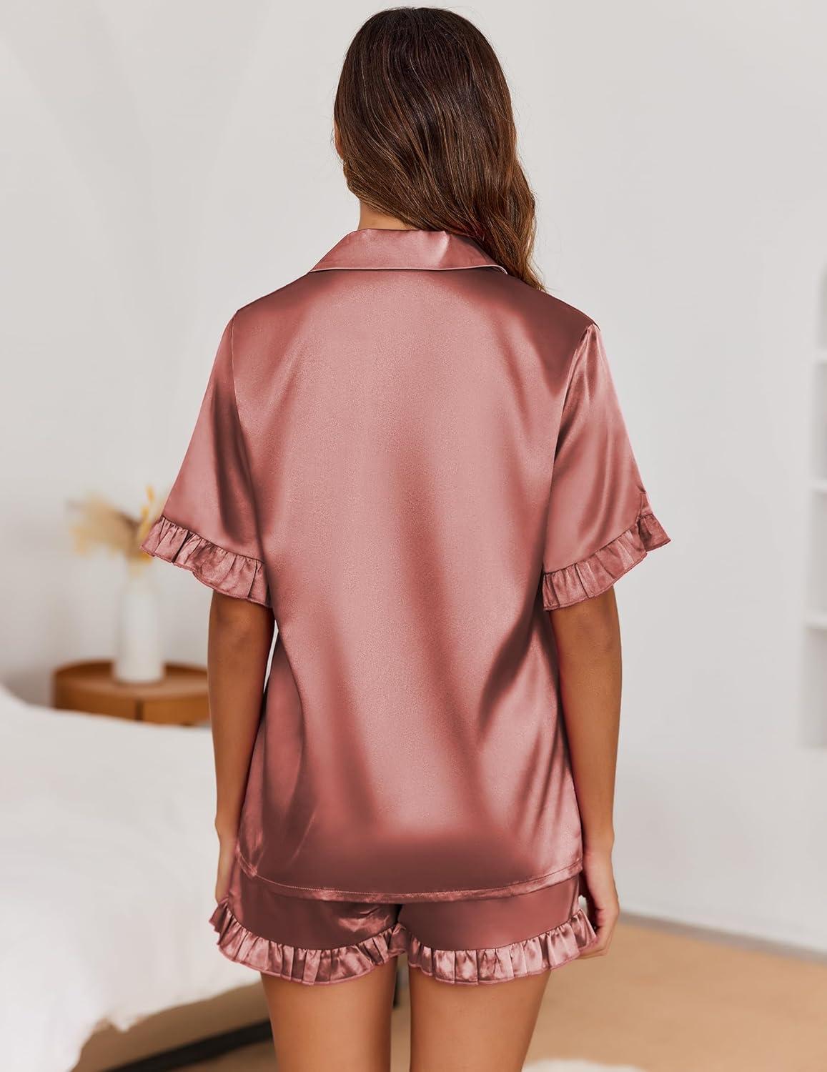 imageEkouaer Satin Pajama Set for Women Button Down Silk 2 Piece Pj Sets Ruffle Short Sleeve SleepwearBrown