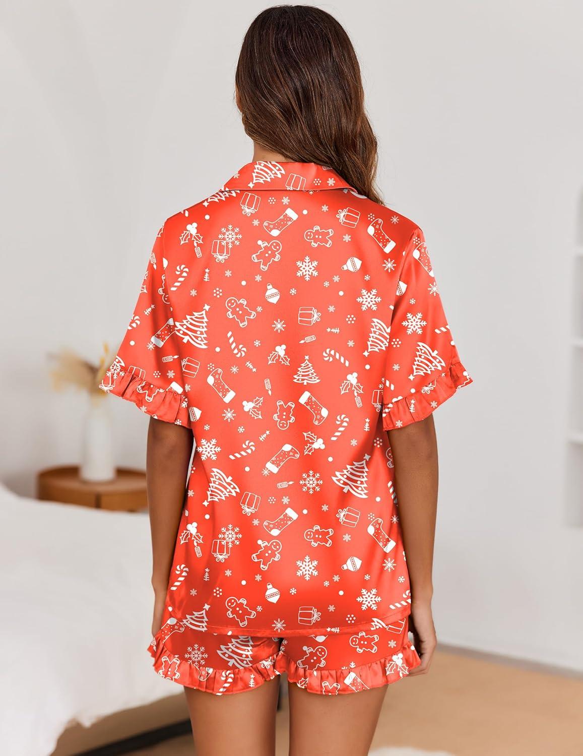 imageEkouaer Satin Pajama Set for Women Button Down Silk 2 Piece Pj Sets Ruffle Short Sleeve SleepwearChristmas Red