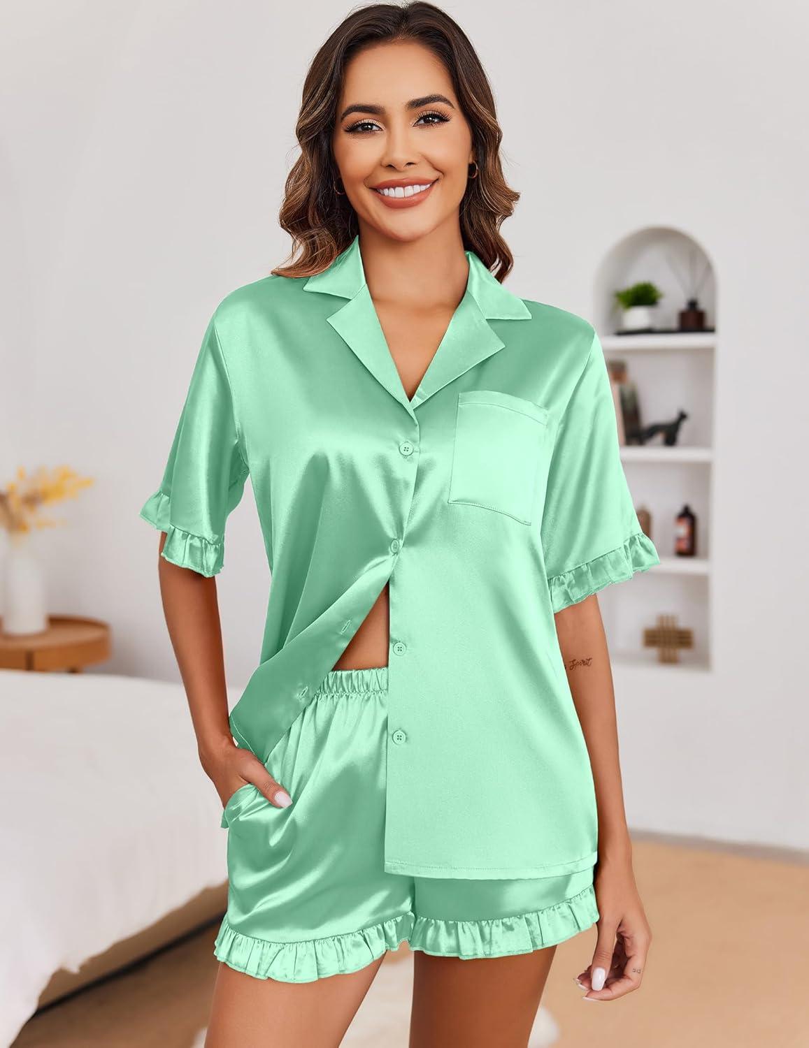 imageEkouaer Satin Pajama Set for Women Button Down Silk 2 Piece Pj Sets Ruffle Short Sleeve SleepwearGray Green