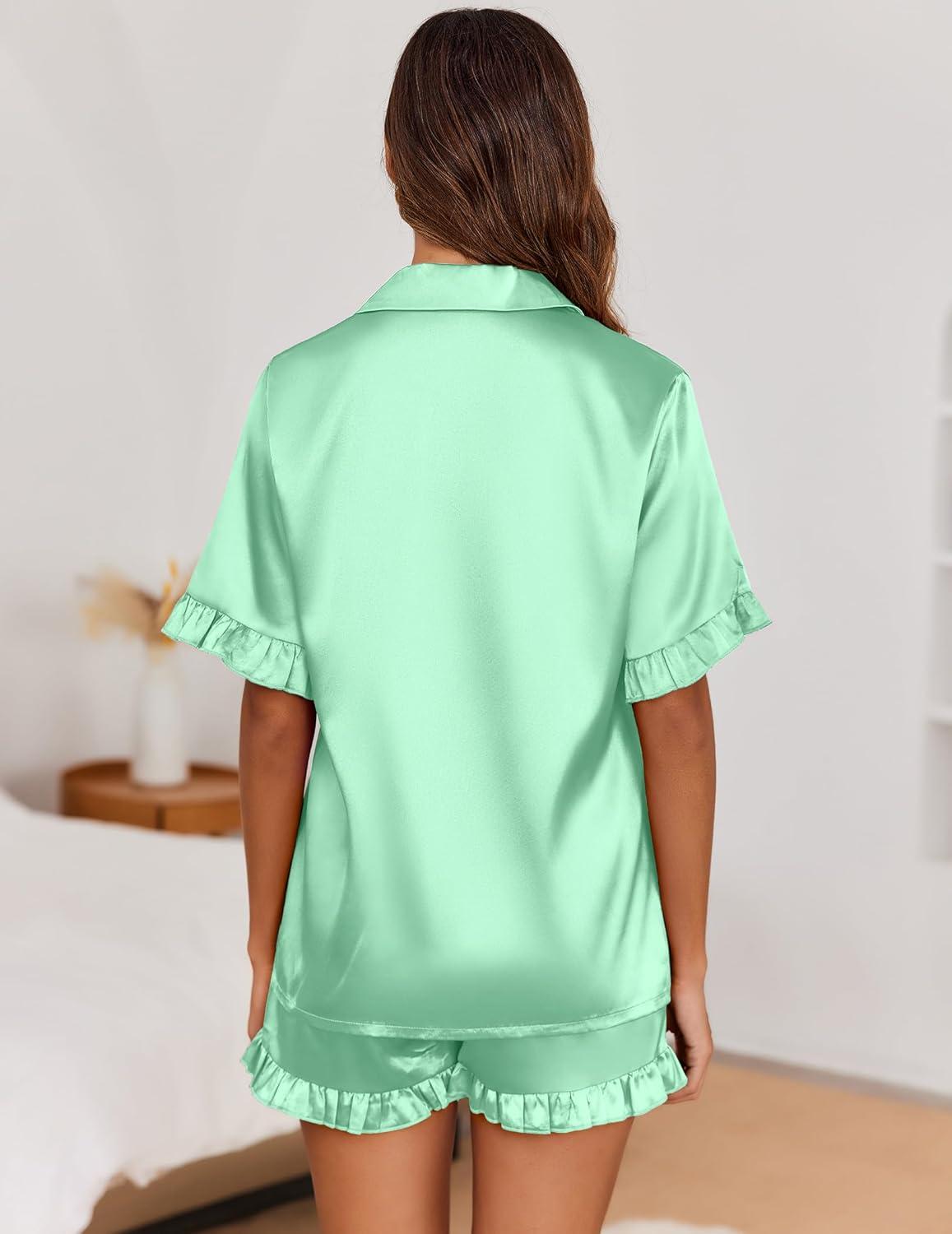 imageEkouaer Satin Pajama Set for Women Button Down Silk 2 Piece Pj Sets Ruffle Short Sleeve SleepwearGray Green