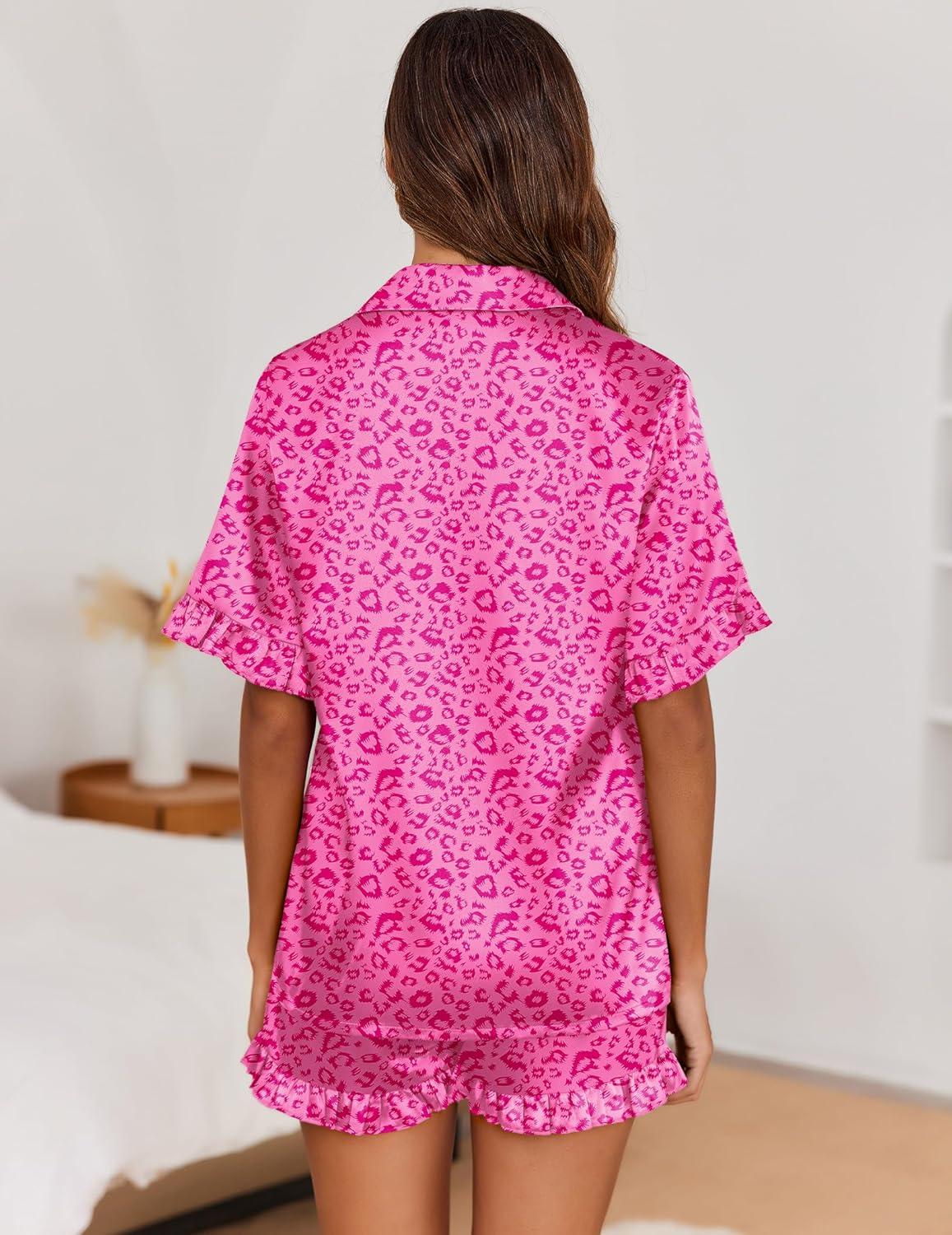 imageEkouaer Satin Pajama Set for Women Button Down Silk 2 Piece Pj Sets Ruffle Short Sleeve SleepwearHot Pink Leopard