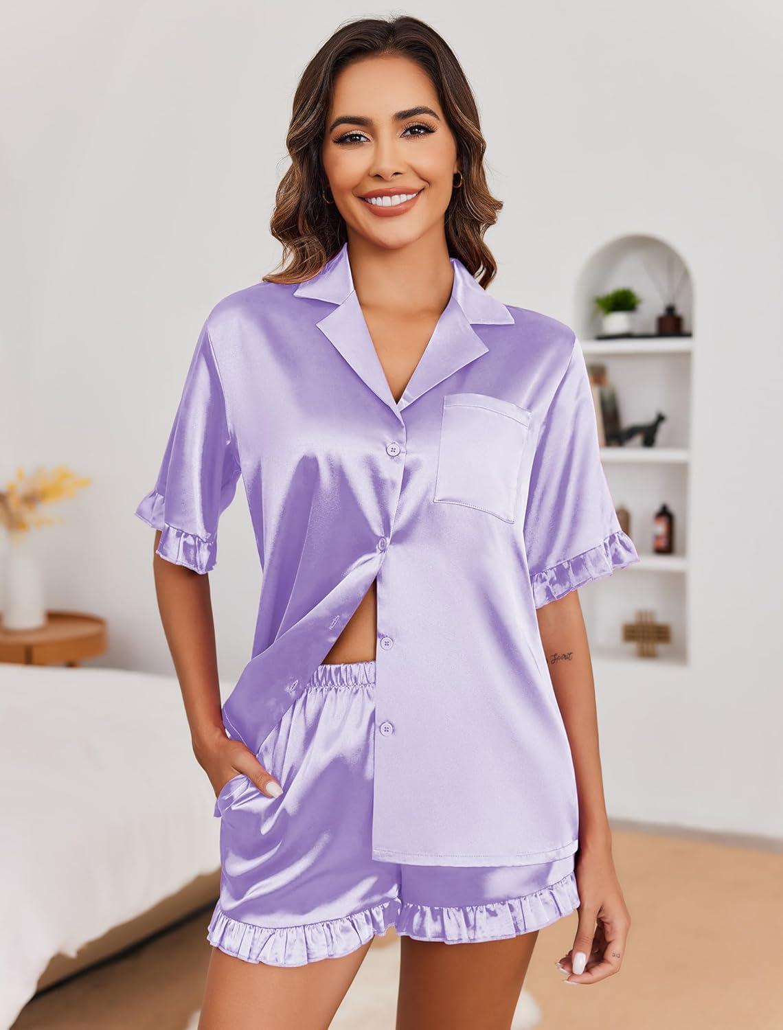 imageEkouaer Satin Pajama Set for Women Button Down Silk 2 Piece Pj Sets Ruffle Short Sleeve SleepwearLavender